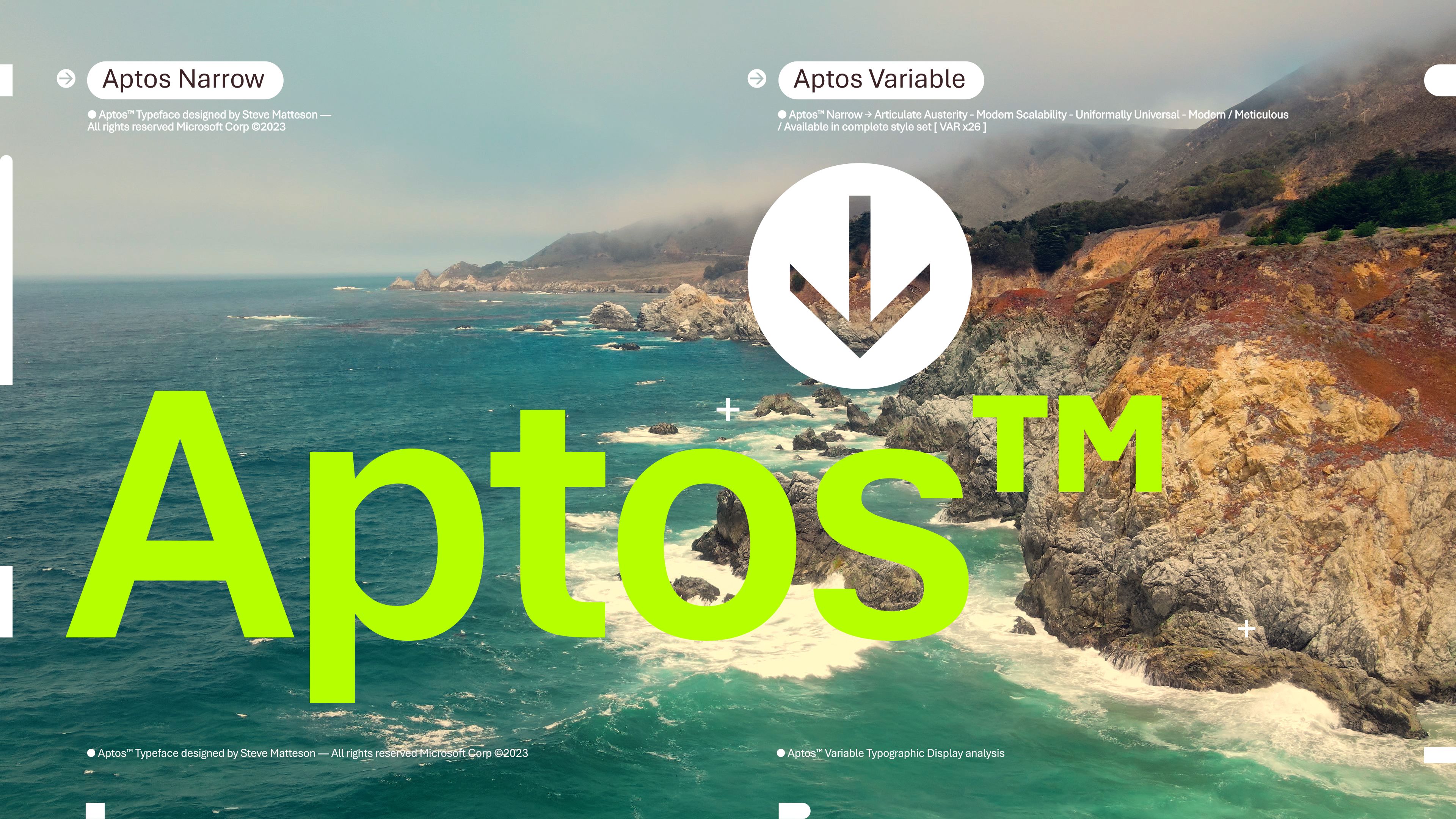 Scenic coastal landscape with rocky cliffs beside a turquoise ocean under a partly cloudy sky. Large green text in the center reads "Aptos™." Labels "Aptos Narrow" and "Aptos Variable" appear at the top left and top right, respectively.