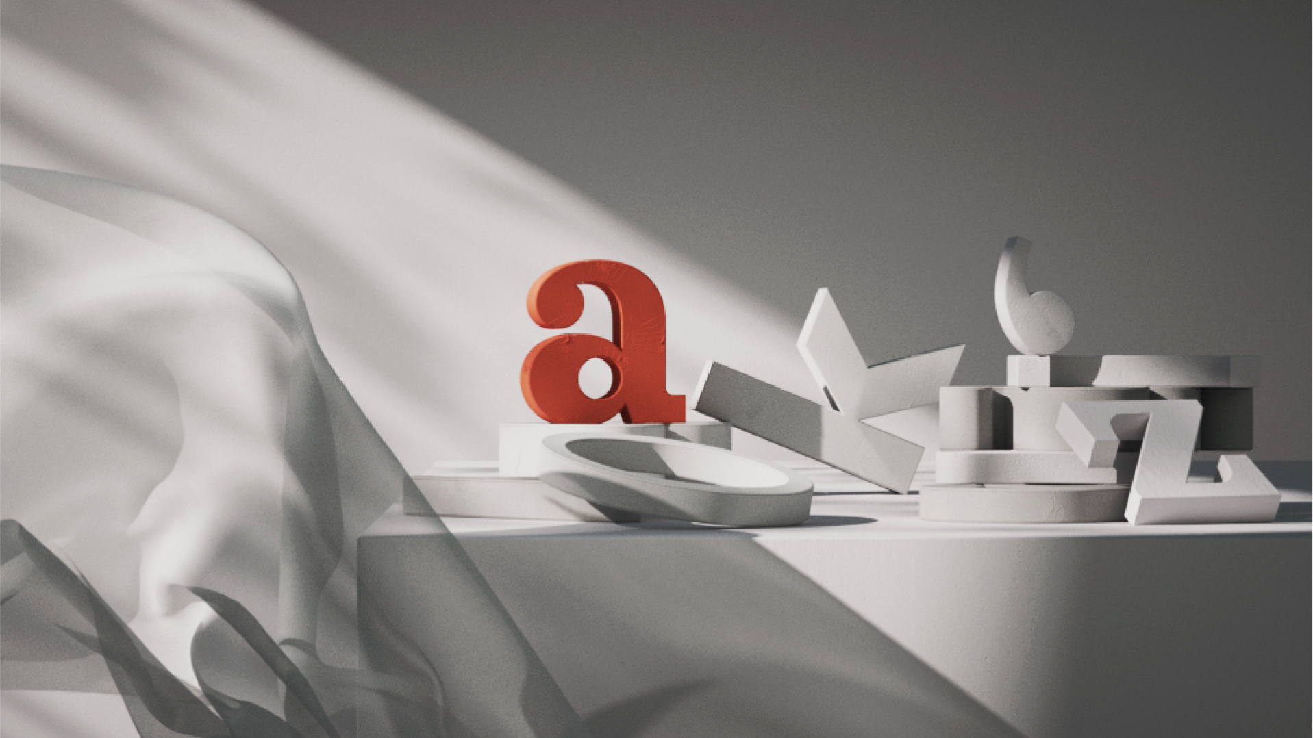 A still life composition featuring various 3D-rendered letters and shapes in white and red. The scene is illuminated dramatically with light and shadow, and a translucent fabric drapes softly over part of the display. The setting is minimalist and artistic.