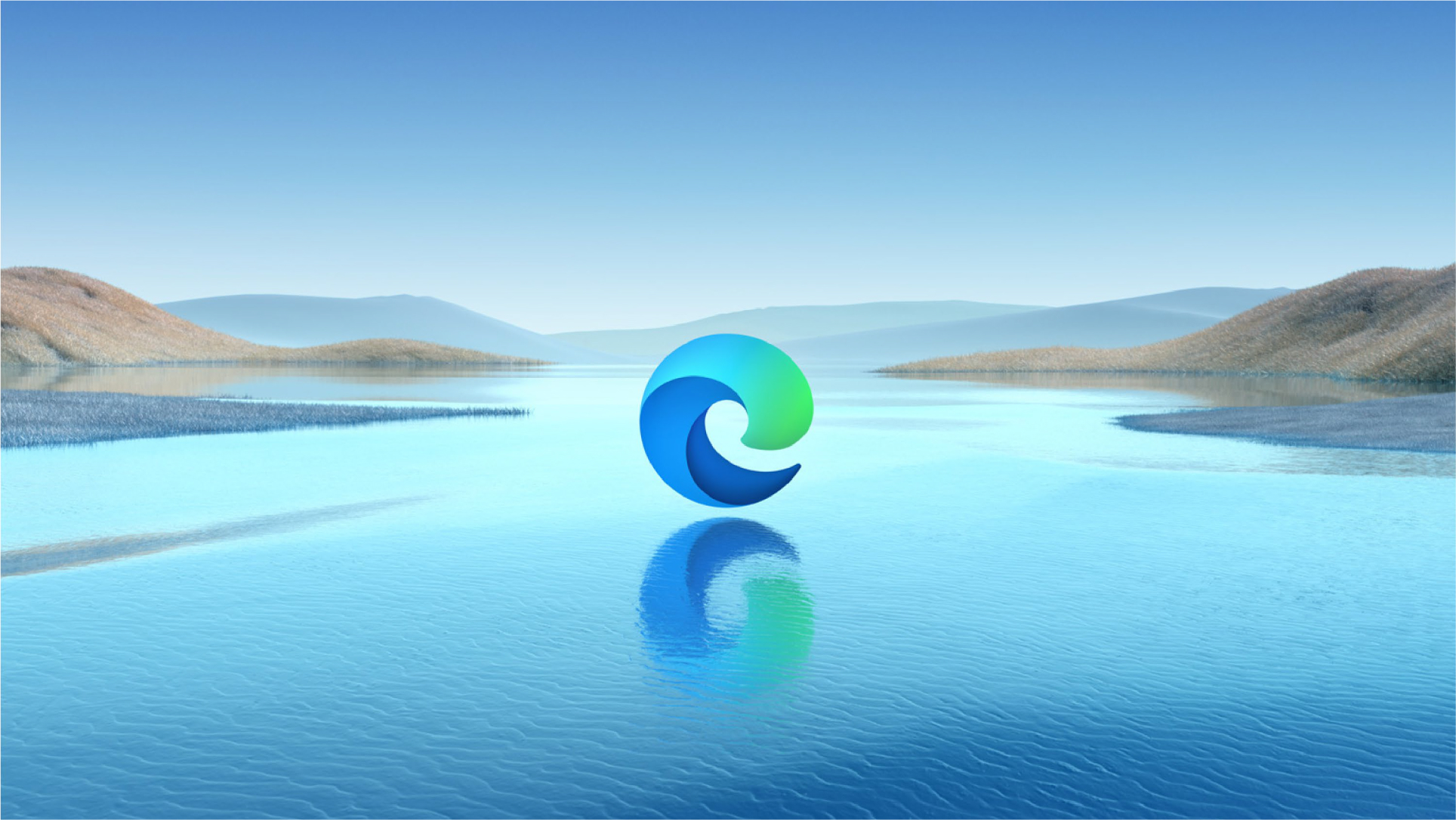 The image shows the Microsoft Edge browser logo, which is a blue and green swirl, centered against a serene backdrop of a calm blue lake surrounded by rolling hills. The logo reflects on the water's surface. The sky is clear, blending seamlessly with the horizon.