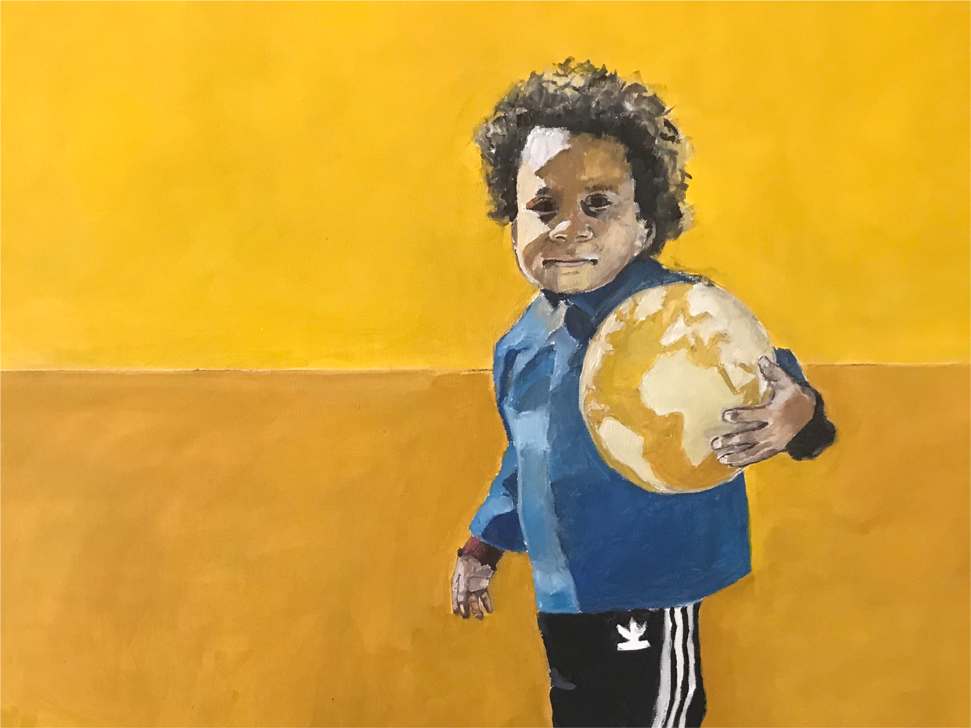 Painting of a young boy with curly hair, wearing a blue jacket and black pants with white stripes, holding a yellow and white globe. The background is a solid yellow, creating a vibrant contrast with the boy.