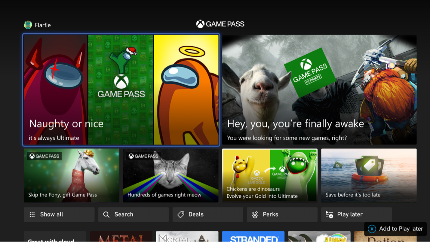 An Xbox Game Pass home screen displays various game covers. Prominent titles include an image with "Naughty or Nice" Among Us-themed art and a smiling goat with "Hey, you, you're finally awake." Other sections show game recommendations and a navigation menu.