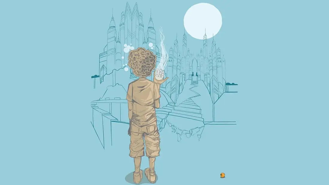 A child with curly hair and wearing brown clothes stands, raising their hand towards the sky. They face an ethereal cityscape filled with tall, pointed towers under a large white moon. The background is a soft blue. A small orange ball lies near the child's feet.