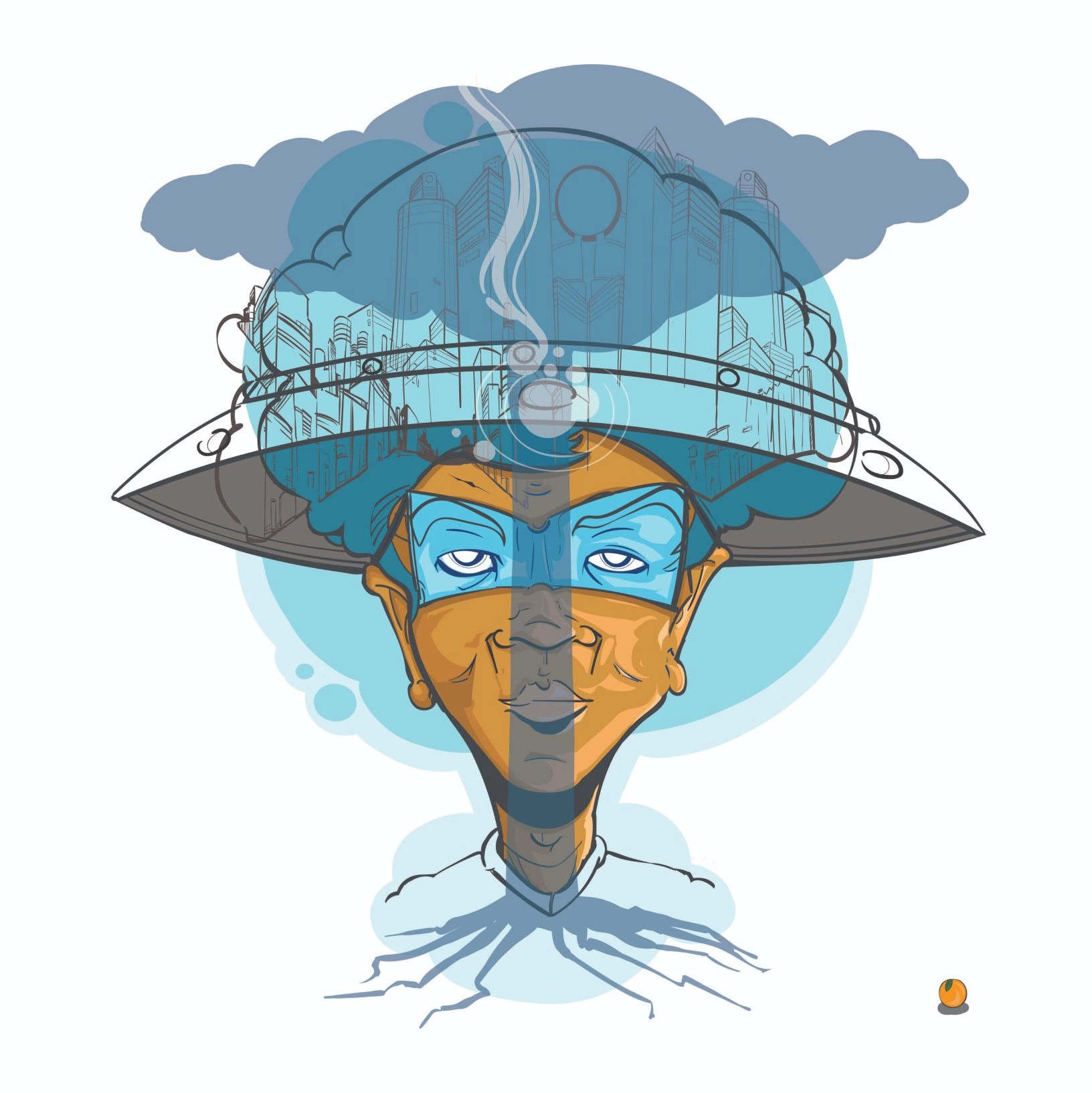 A stylized illustration of a person wearing a wide-brimmed hat that blends into a cityscape skyline. The person's face, which occupies the lower portion of the image, has a mask-like appearance with blue and orange hues, and they have a neutral expression.