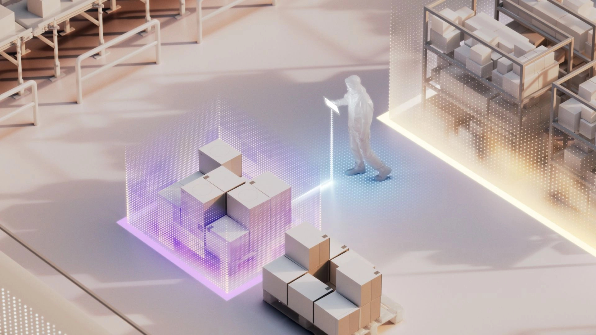 A warehouse scene with a figure using augmented reality (AR) to manage inventory. The figure interacts with virtual elements projected around various stacks of boxes. The setup includes shelves filled with boxes and a visually highlighted AR interface.