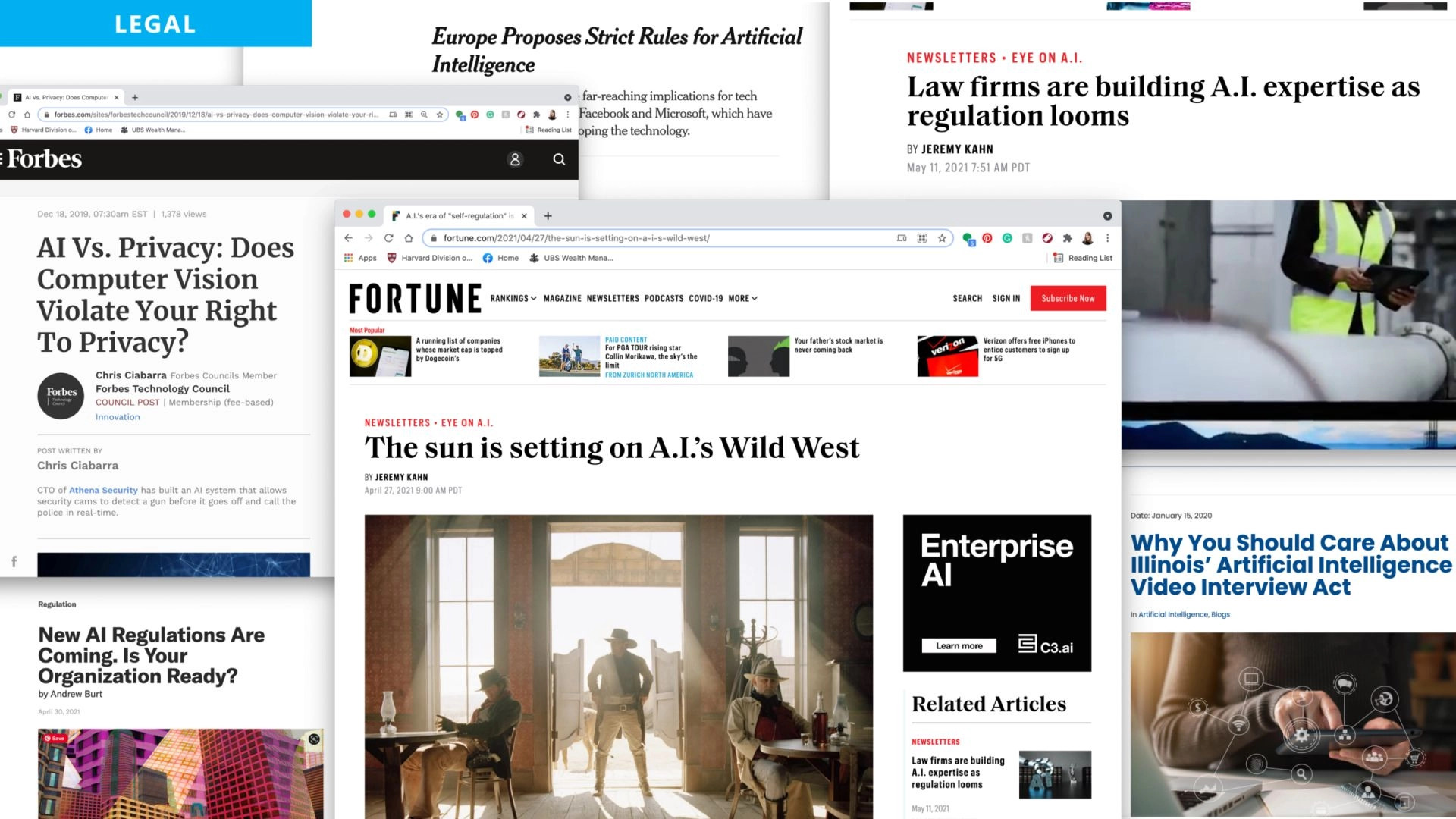 A collage of news website articles about AI regulation and oversight, with headlines discussing strict rules, AI's unchecked power, and law firms' increased regulation. A prominent image shows a Western-themed scene with a cowboy in a doorway.