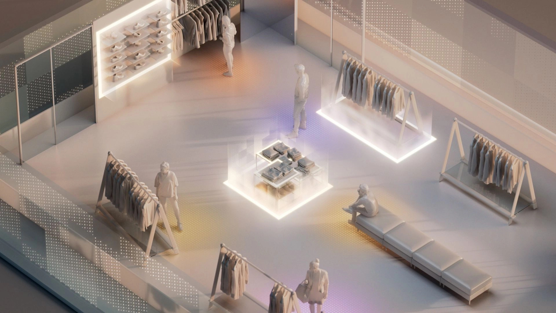 A 3D-rendered image of a clothing store with racks of garments and accessories. Mannequins pose near the clothing displays on futuristic platforms, and shoes are arranged on shelves against the wall. A bench sits in the foreground, bathed in soft lighting.