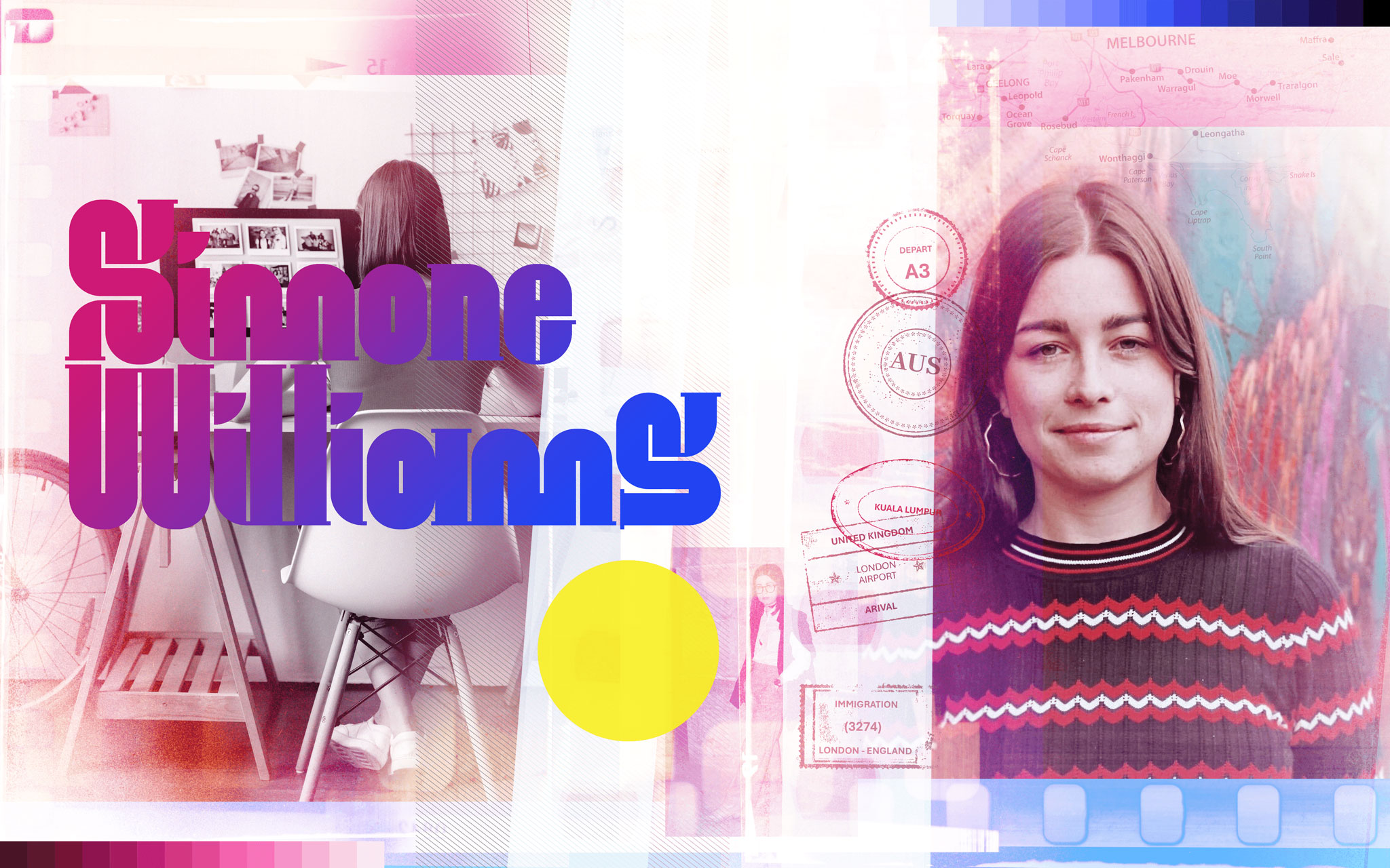 A stylized collage featuring a woman with long brown hair wearing a patterned sweater on the right, and a person working at a desk on the left. Bold text reads "Simone Williams," with a large yellow circle underneath. Various graphic elements are scattered throughout.