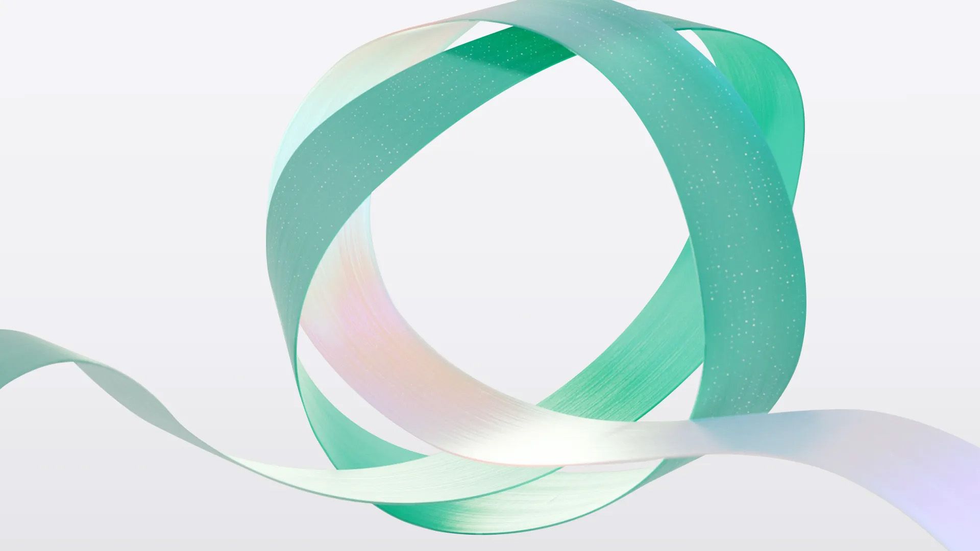 A 3D abstract image features a delicate, twisted ribbon-like shape in shades of turquoise and white with a slight gradient effect. The ribbon has a subtle shimmer, creating a dynamic and fluid form that appears to be floating against a neutral background.