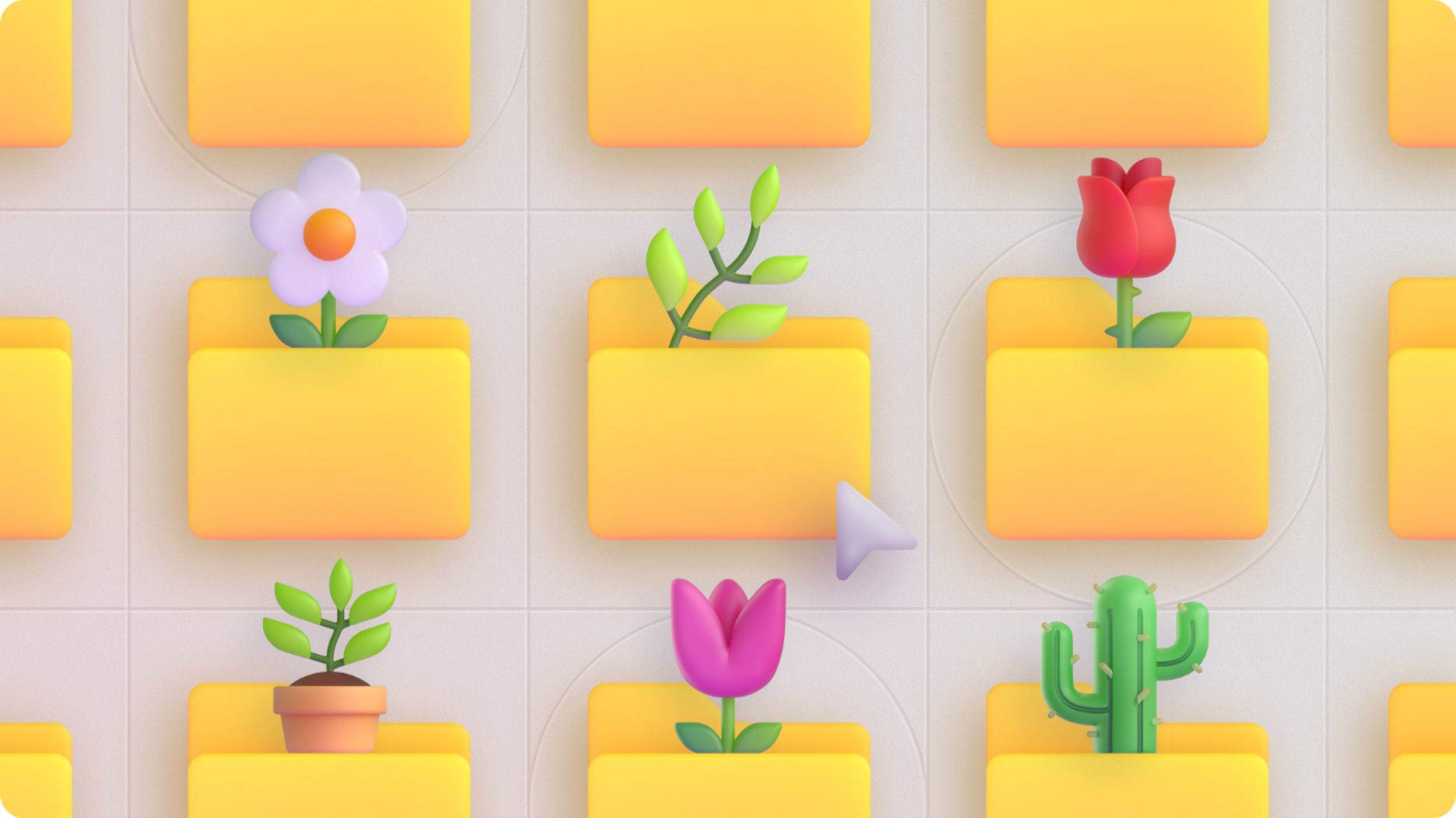 Illustration of yellow folders, each holding a different plant or flower, including a daisy, rose, tulip, cactus, and potted plant. A computer cursor points to the middle folder with a tulip. The background features a light grid pattern.