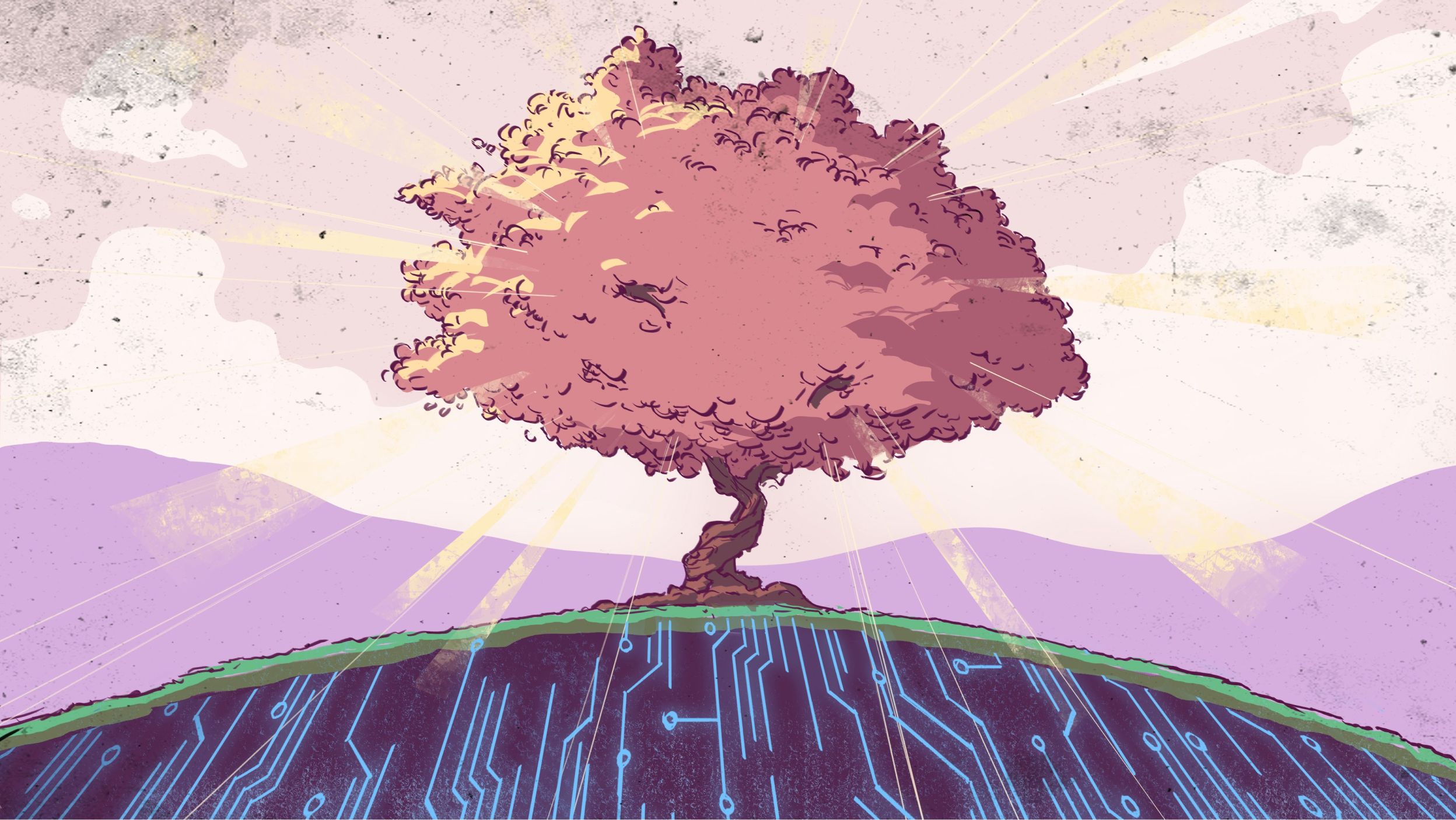 An illustration of a vibrant tree with pink foliage standing on a grassy mound. The background features light purple mountains and a sky with sun rays. The ground beneath has a pattern resembling a circuit board, hinting at a blend of nature and technology.