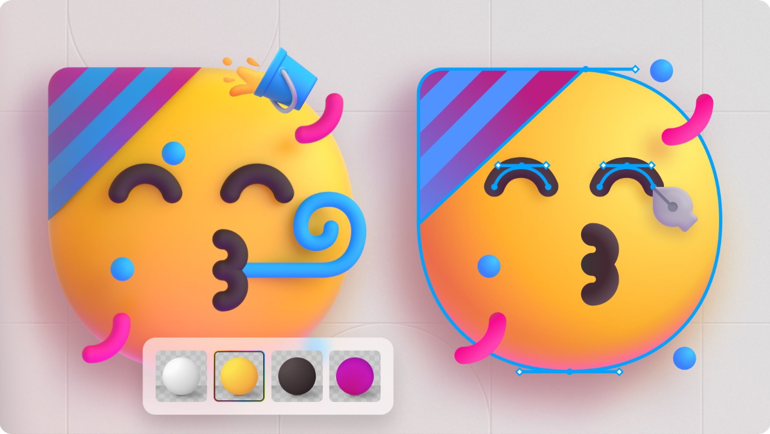 Two yellow, round emoji faces with pink, blue, and purple elements. The one on the left has decorations and winks, toots a horn, and has confetti. The one on the right has a pucker and is being edited. Below the faces are color choices: white, yellow, black, purple.