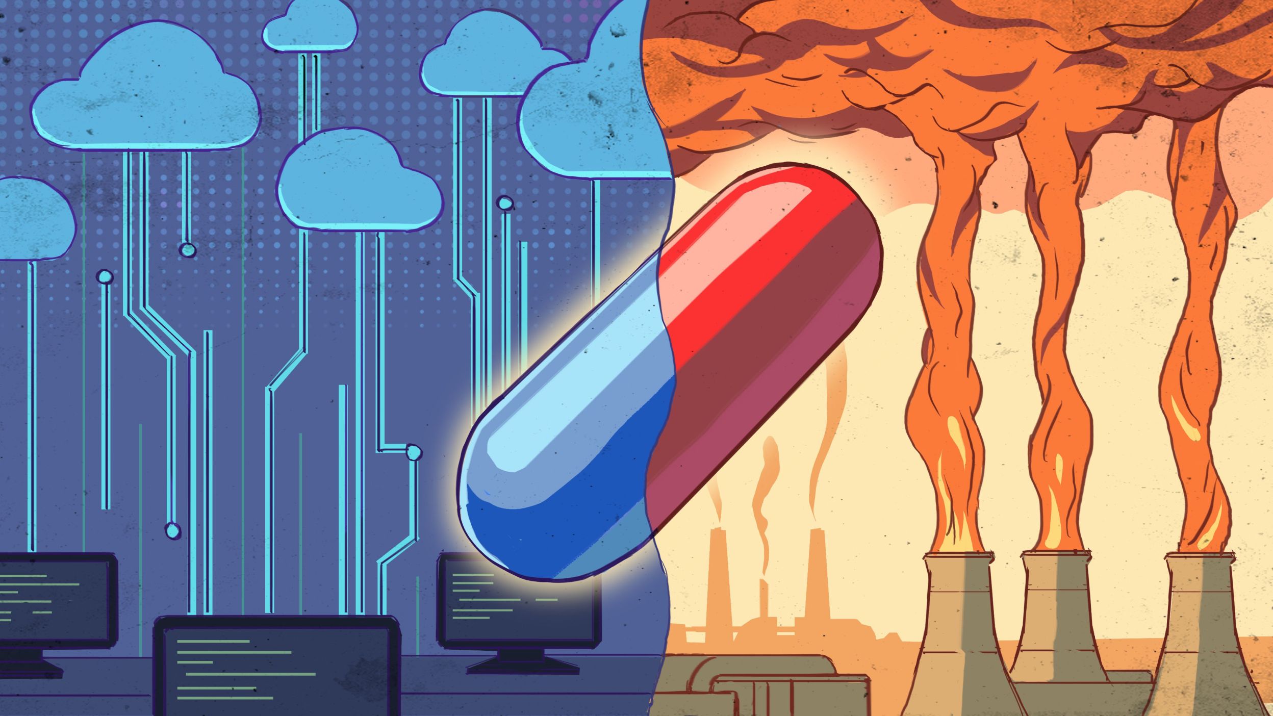 An illustration split in half: the left side shows a digital landscape with blue clouds and circuitry, representing technology and data; the right side depicts factories emitting smoke, symbolizing industrial pollution. A large pill capsule spans across the divide.