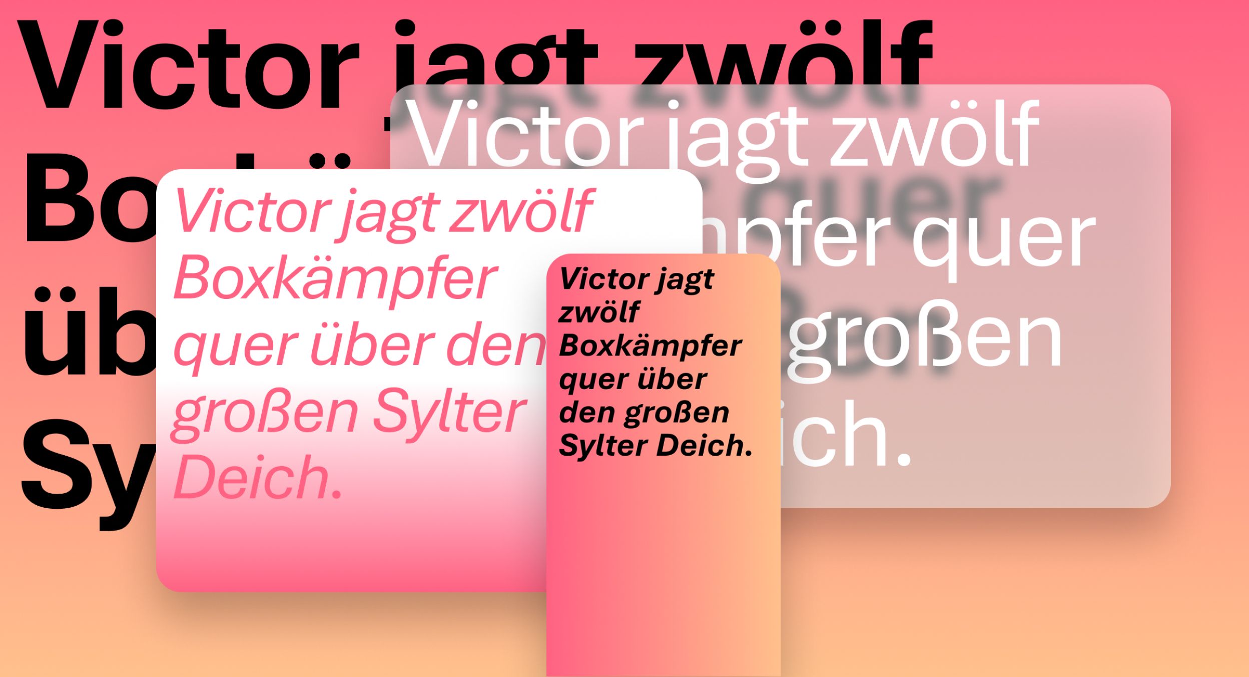 The image showcases three text boxes overlaying a gradient background. Each box contains the same German phrase "Victor jagt zwölf Boxkämpfer quer über den großen Sylter Deich" in different font sizes and styles.