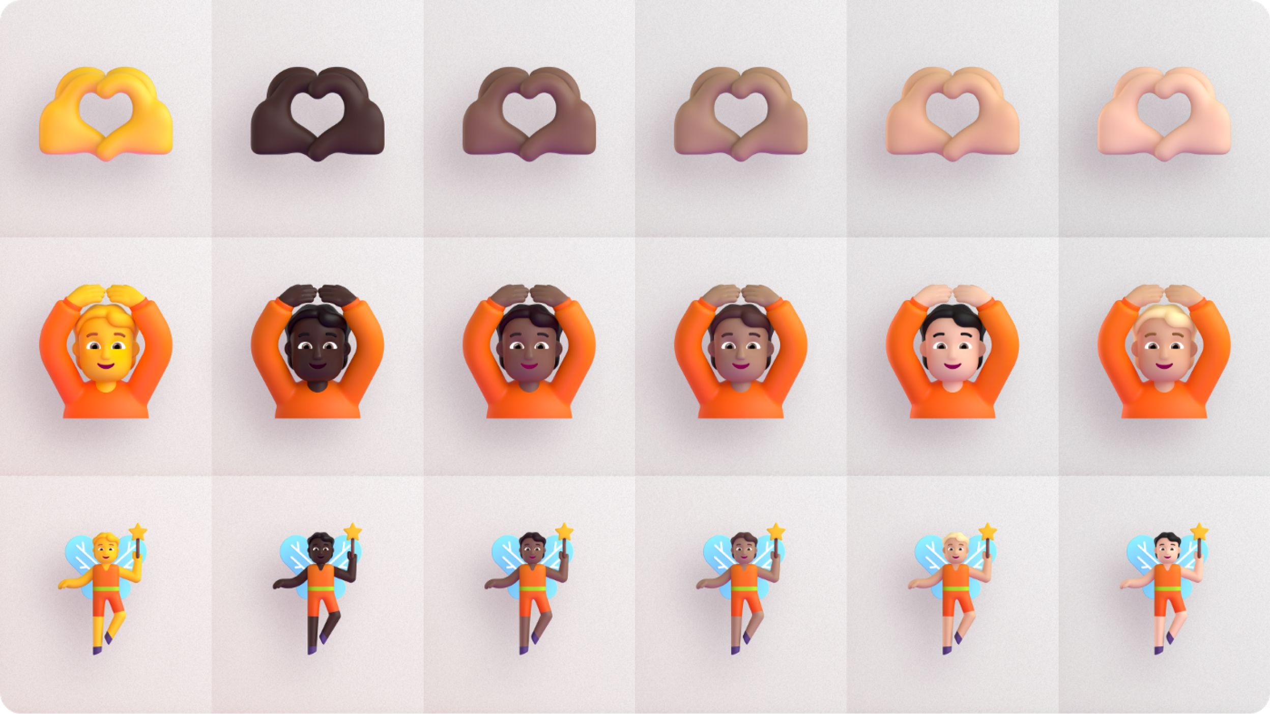 A grid showing three rows of emojis with diverse skin tones. Top row: heart hands. Middle row: person with heart hands over their head. Bottom row: people with wings, star wands, and orange attire. All emojis express love or magic themes.