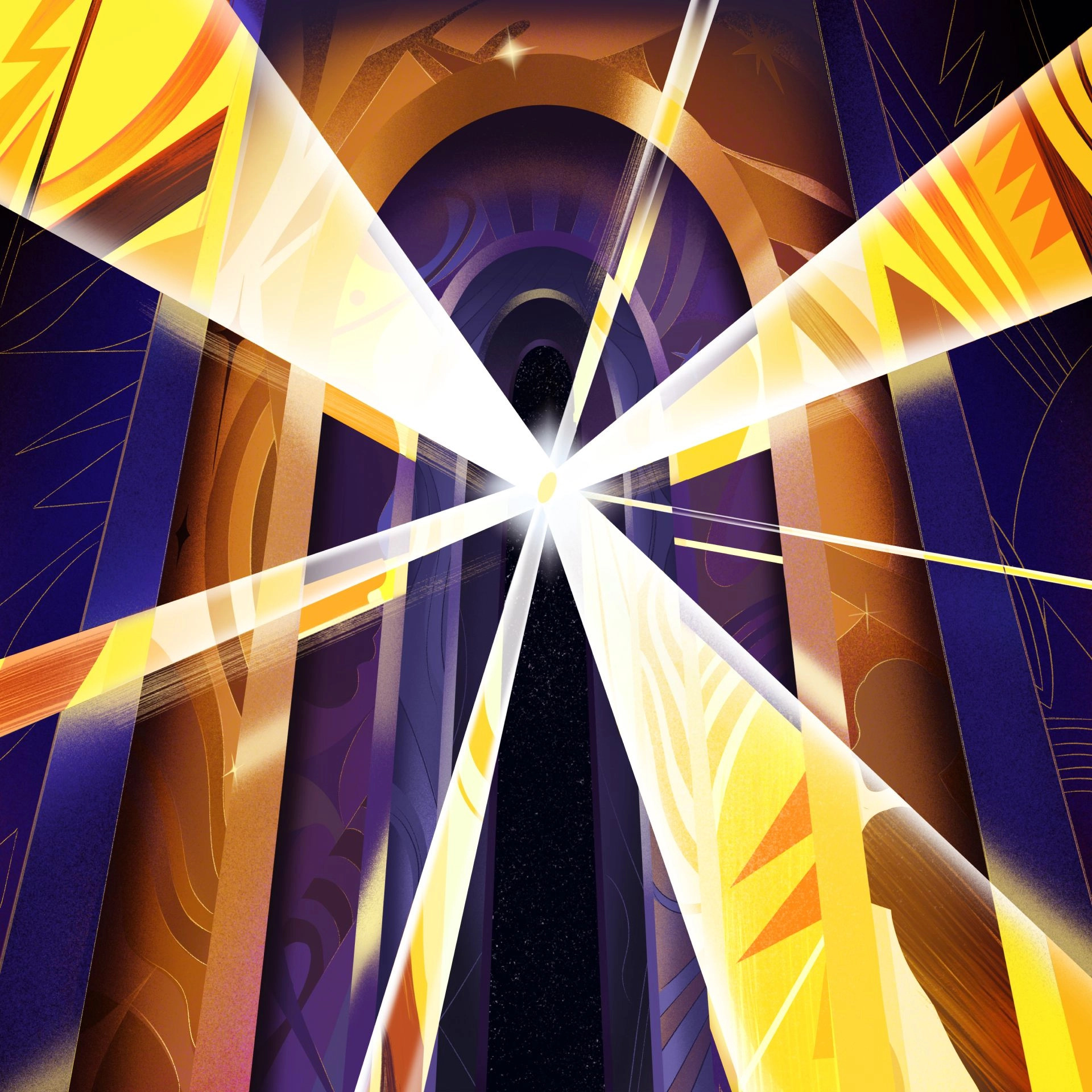 A dynamic, vibrant illustration features rays of light converging at a glowing center, framed by arched structures in deep purples and golden yellows. The scene emits a sense of grandeur and mystery.