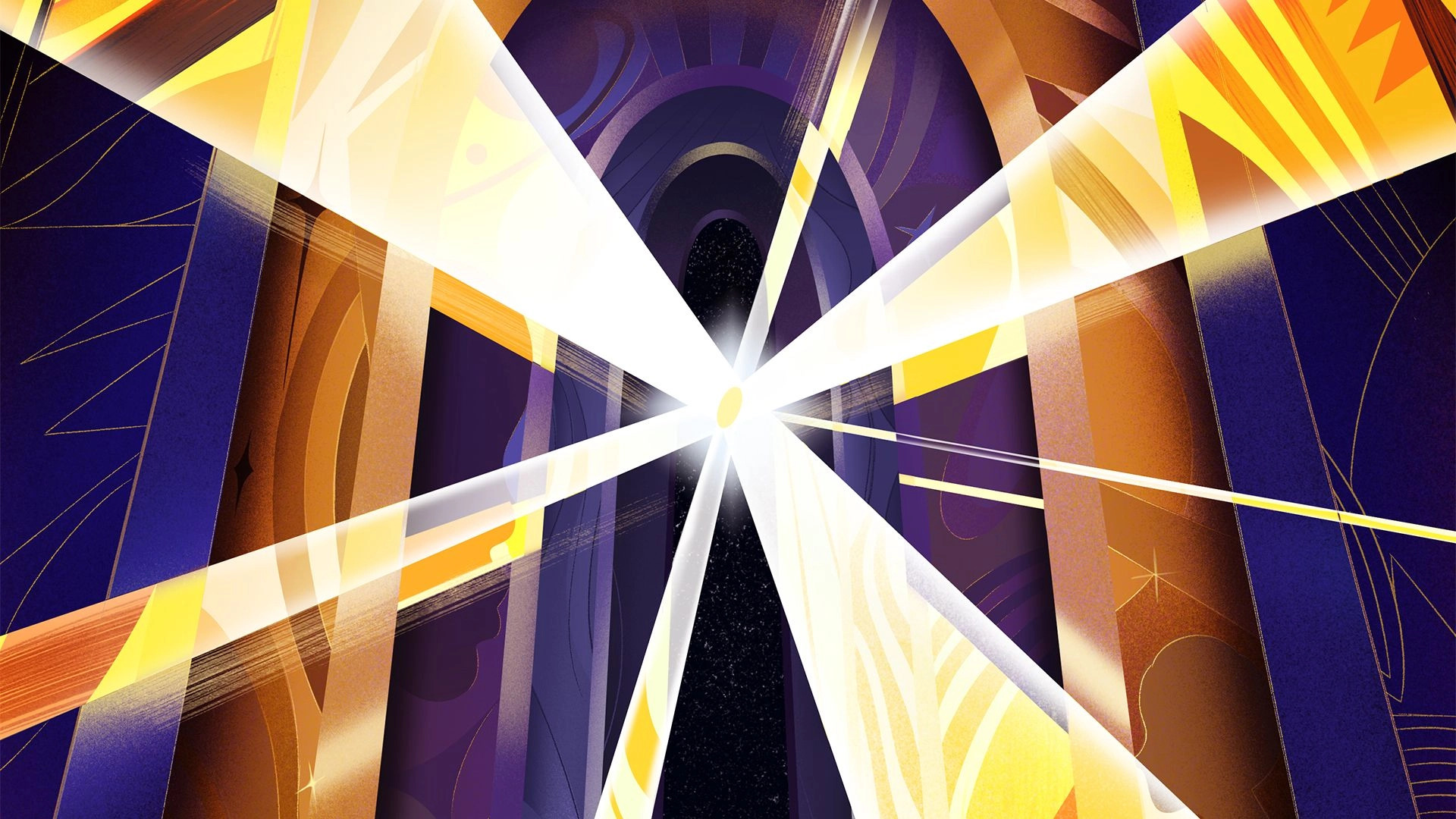 Illustration of a bright white light exploding from the center surrounded by radiating beams in yellow, orange, and white. The background features abstract, dark arches and swirling patterns in navy blue and purple hues.