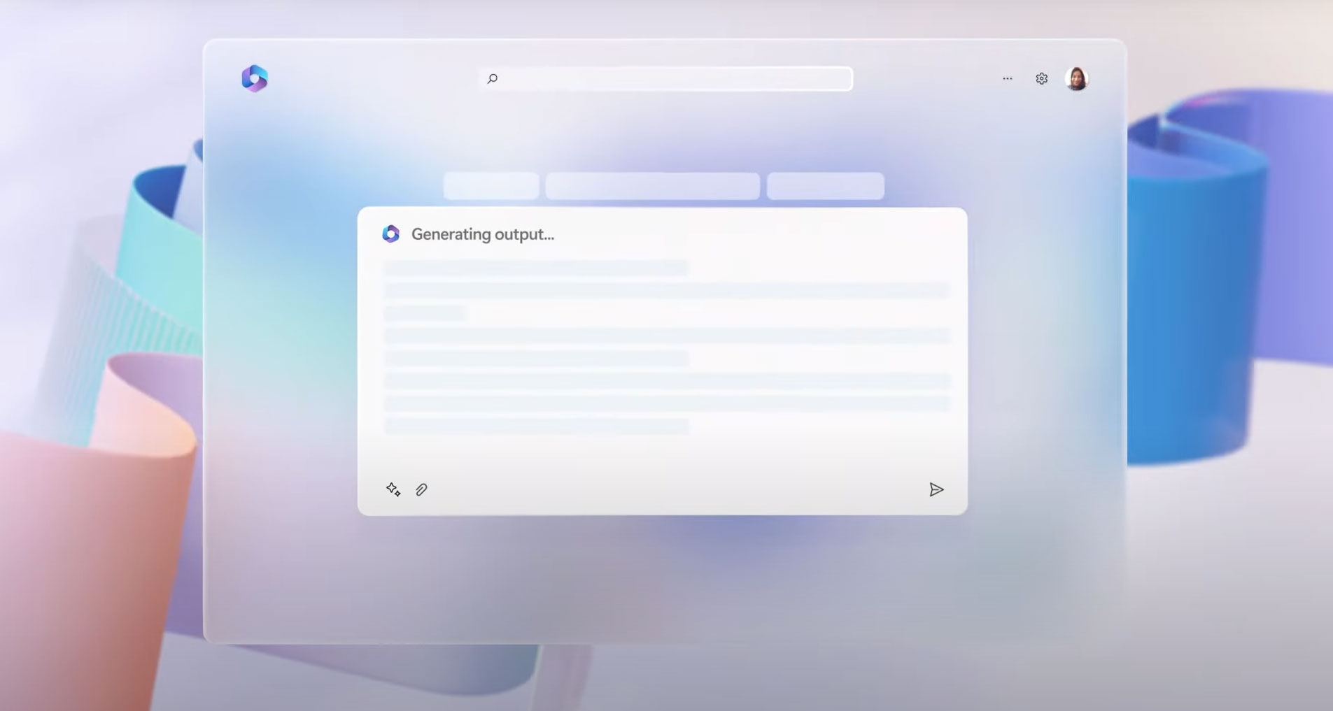 A digital interface is shown with a search bar at the top and tabs below it. A notification box with the message "Generating output..." is displayed in the center. Abstract, colorful ribbon shapes decorate the background.
