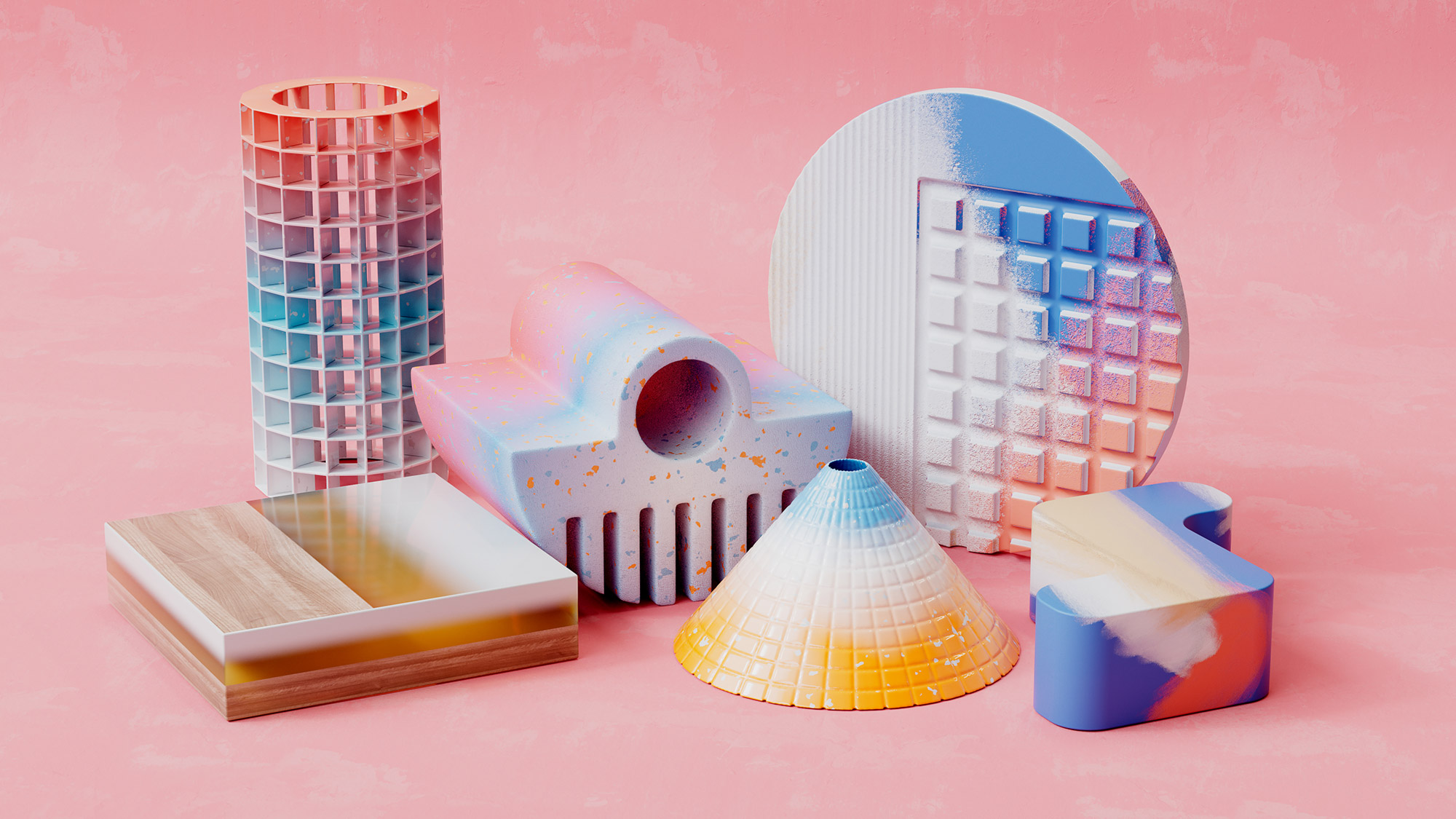 A colorful assortment of geometric sculptures against a pink background. Shapes include a cylindrical grid, a rectangular prism, a rounded arch, a cone, a circular grid, and an abstract form. Each shape features vibrant splashes of blue, yellow, orange, and pink.