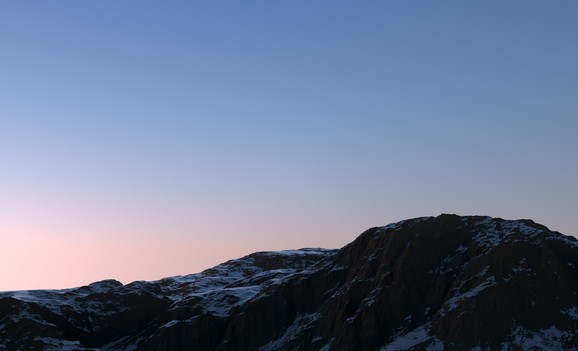 A mountain range with snow-covered peaks under a clear, pale blue sky. The horizon shows a gradient from light pink to blue, suggesting either sunrise or sunset. The rugged terrain is dark with patches of snow highlighting the contours of the mountains.