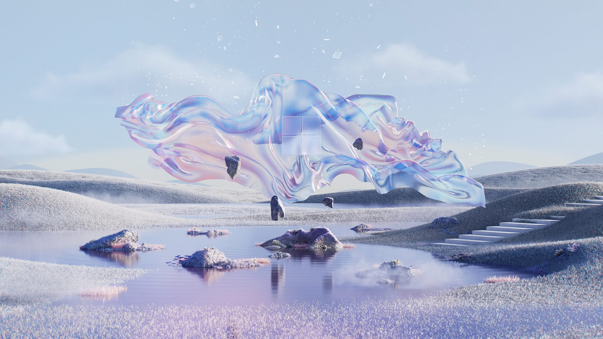 A surreal landscape features a reflective pond surrounded by frosted terrain. Above the pond, a translucent, iridescent fabric floats mid-air, accompanied by small floating rocks. A staircase on the right edge of the scene ascends from the ground.