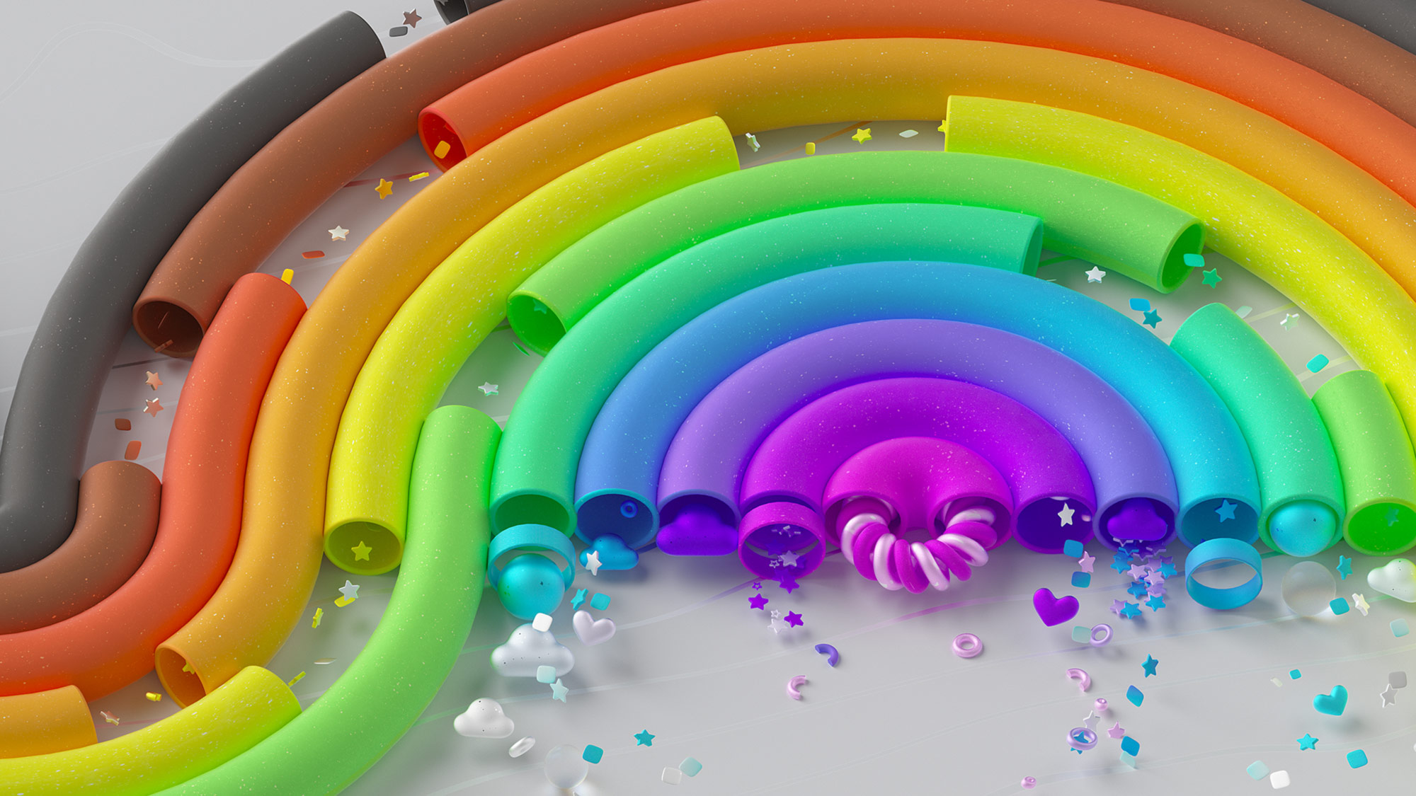 A vibrant 3D illustration of the LGBTQ+ rainbow flag. The image features a rainbow made of colored tubes: red, orange, yellow, green, blue, and purple, with scattered stars, hearts, and swirling shapes around it, creating a festive and whimsical atmosphere.