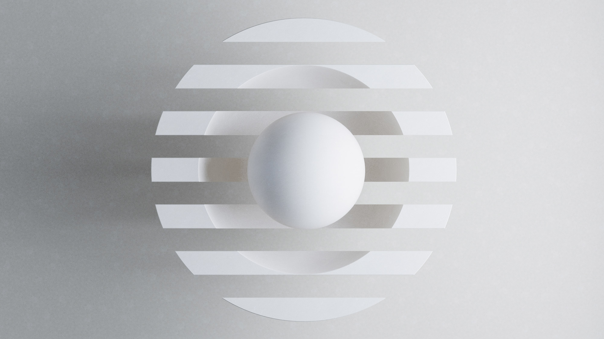 A white egg is centered within a series of evenly spaced, horizontal white stripes on a light gray background. The design creates a harmonious, minimalist pattern that emphasizes the egg's round shape and the stripes' linear arrangement.