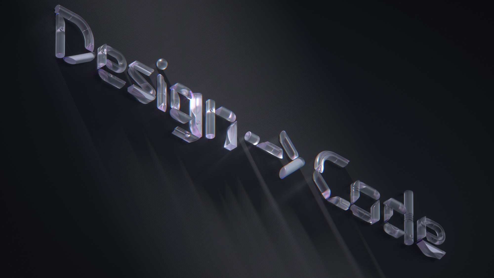 A dark background featuring 3D glass-like text spelling "Design -> Code." Light gleams off the text, creating slight shadows and reflections, giving a sleek, modern appearance.