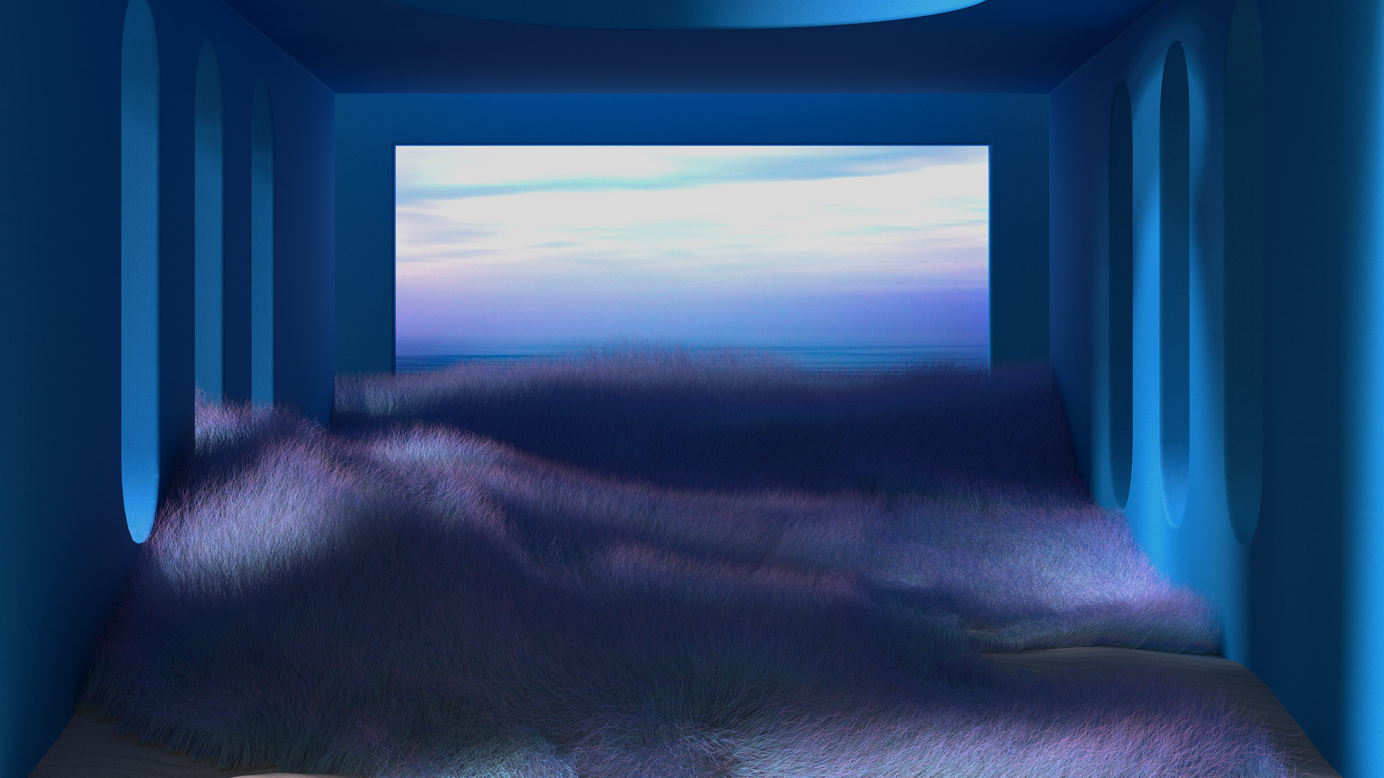 A surreal scene features a room with blue walls and large, circular openings. The floor is covered with a carpet of undulating, purple, grass-like fibers. The back wall opens to a serene seascape with a pastel sky blending into soft pink and blue hues.