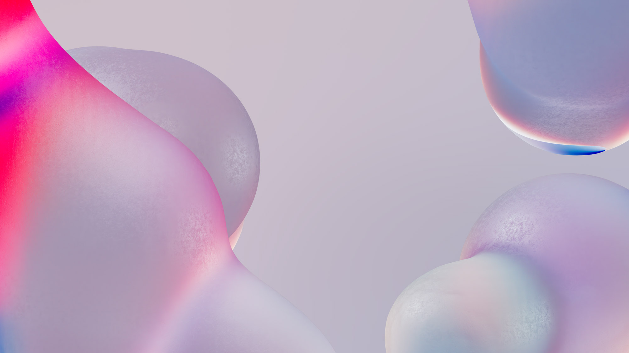 An abstract image featuring smooth, blob-like shapes in shades of lavender, pink, and blue, with a soft gradient background. The shapes have a glossy and semi-translucent appearance, creating a dreamy, ethereal effect.