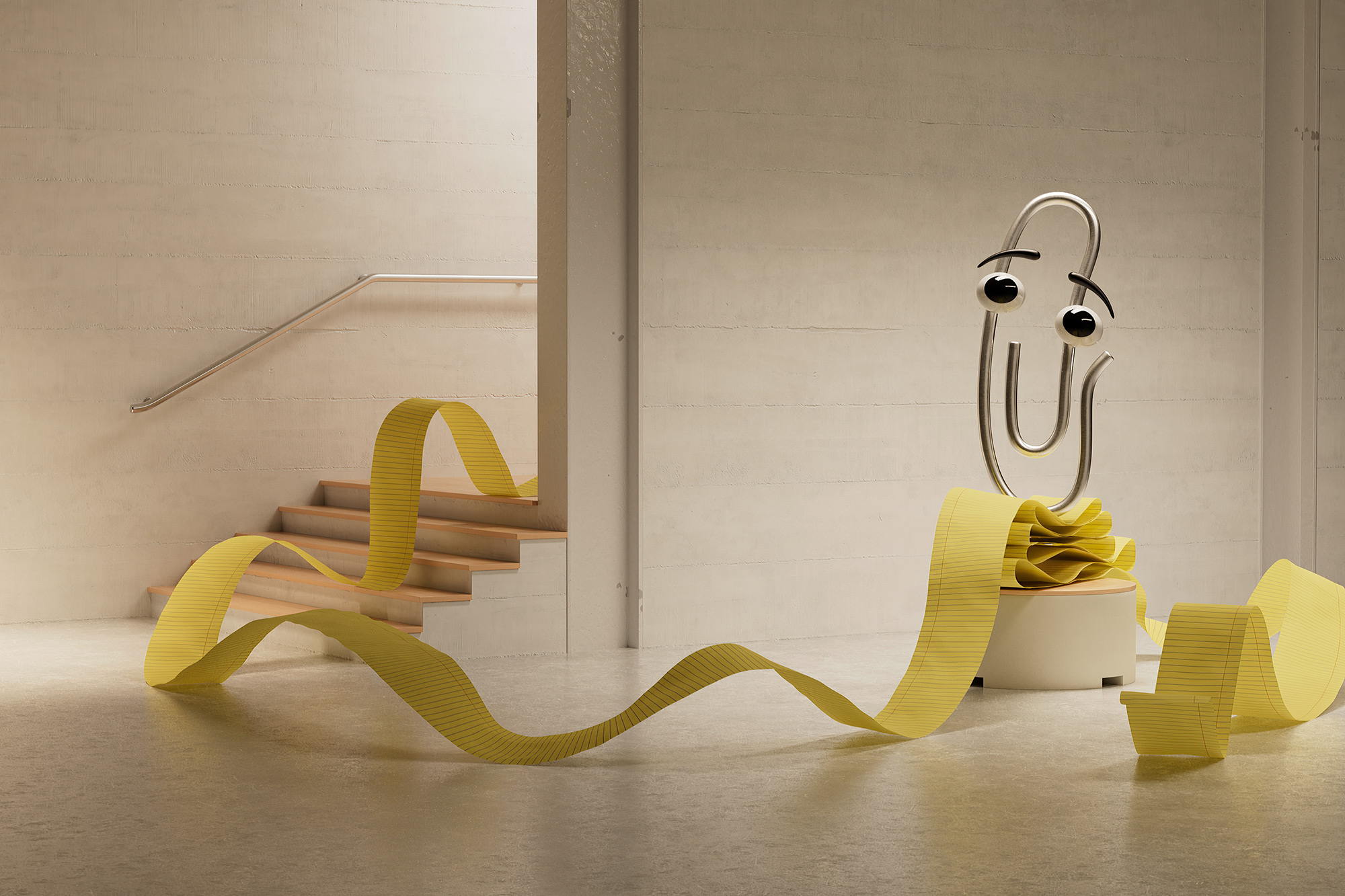 A whimsical, large metallic paperclip with googly eyes stands on a pedestal in a minimalist room. It holds a long yellow ribbon that winds down a staircase and across the floor, adding a playful touch to the stark, industrial space.