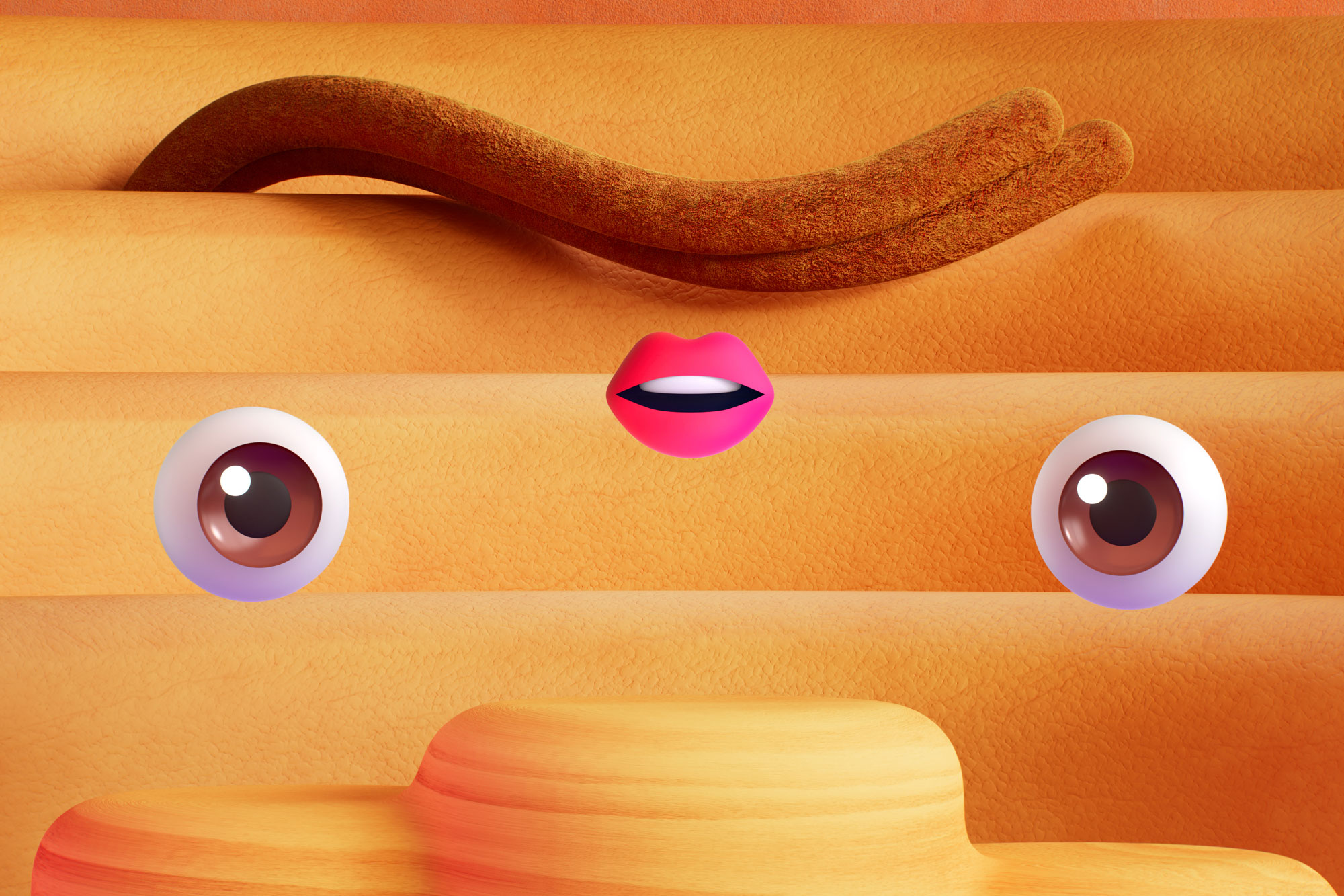 A whimsical, abstract image features exaggerated facial features on a textured, orange background. The face has two large, cartoonish eyes, pink lips, and dark brown, curved eyebrows made of what appears to be soft material, giving a playful expression.