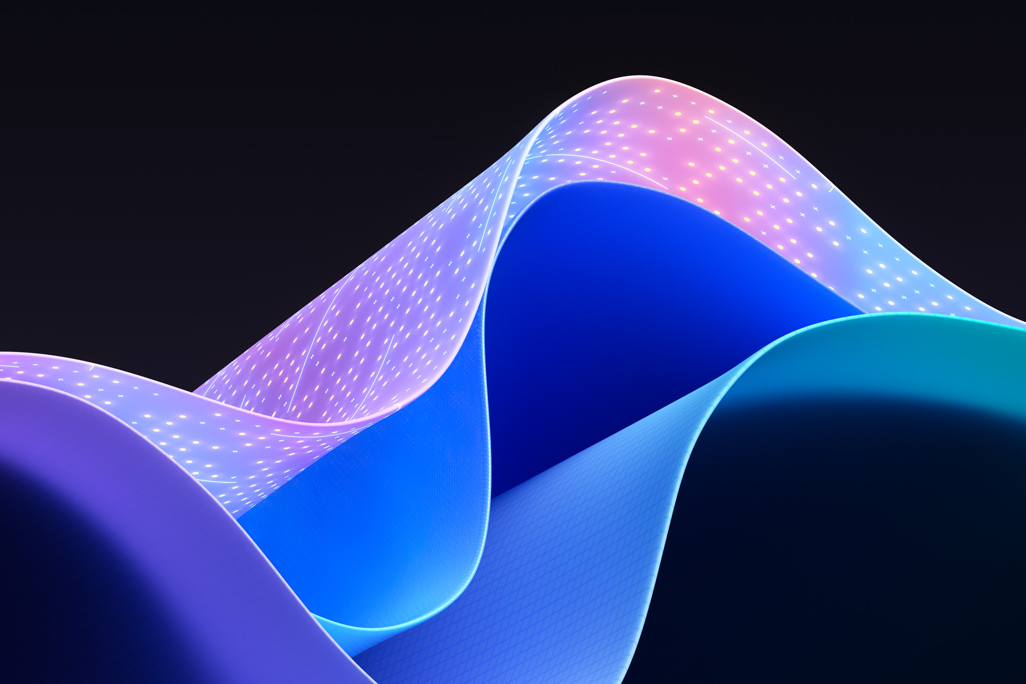 A colorful digital art depiction of smooth, wave-like structures resembling abstract hills or waves. The design features gradients of blue, purple, and teal, with bright dots of pink and white scattered across the surface, set against a dark background.