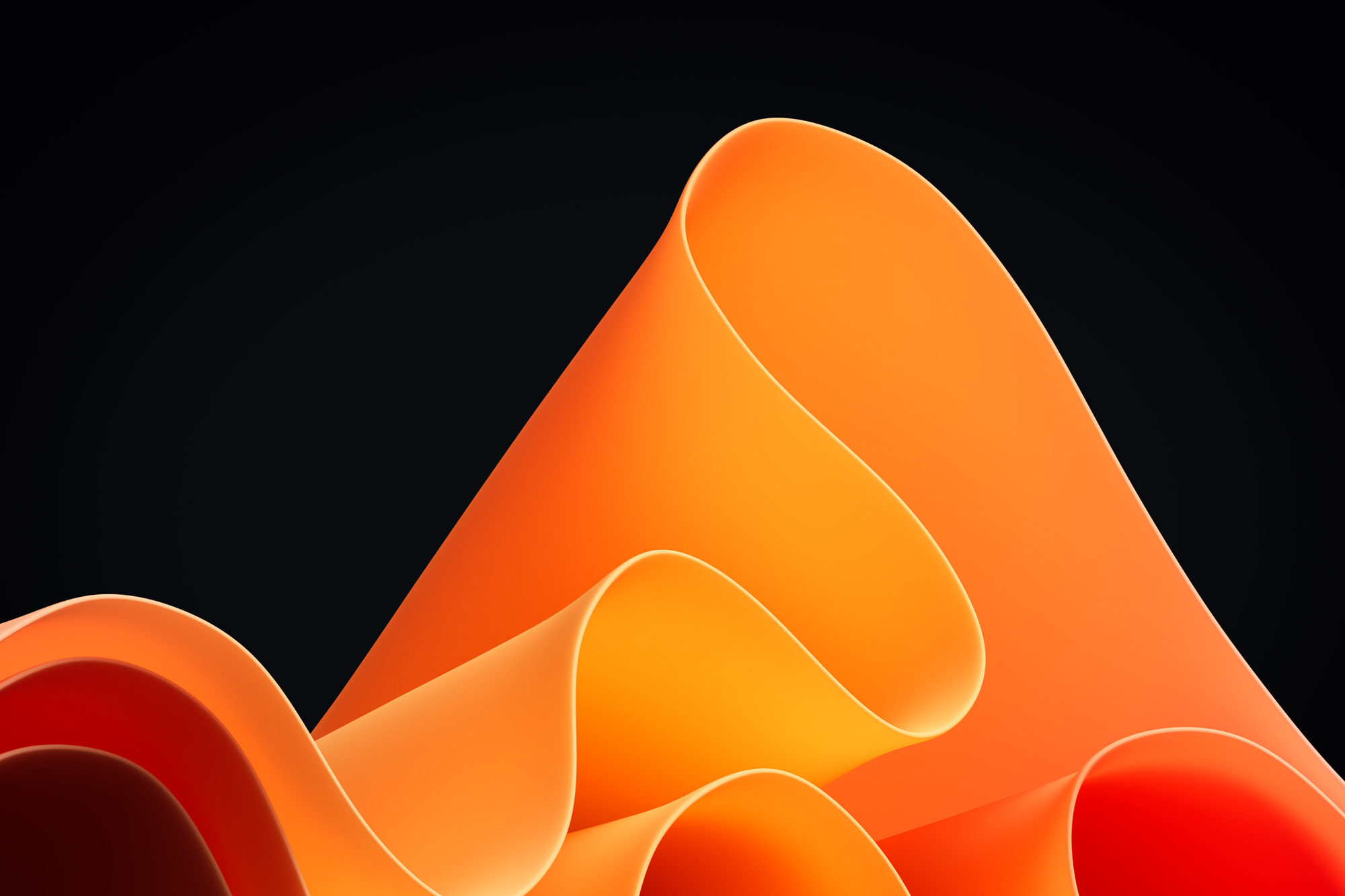 A smooth, curving form with gradient shades of orange and red stands out against a black background. The abstract shape resembles flowing, layered fabric or a wave, creating a visually striking contrast.