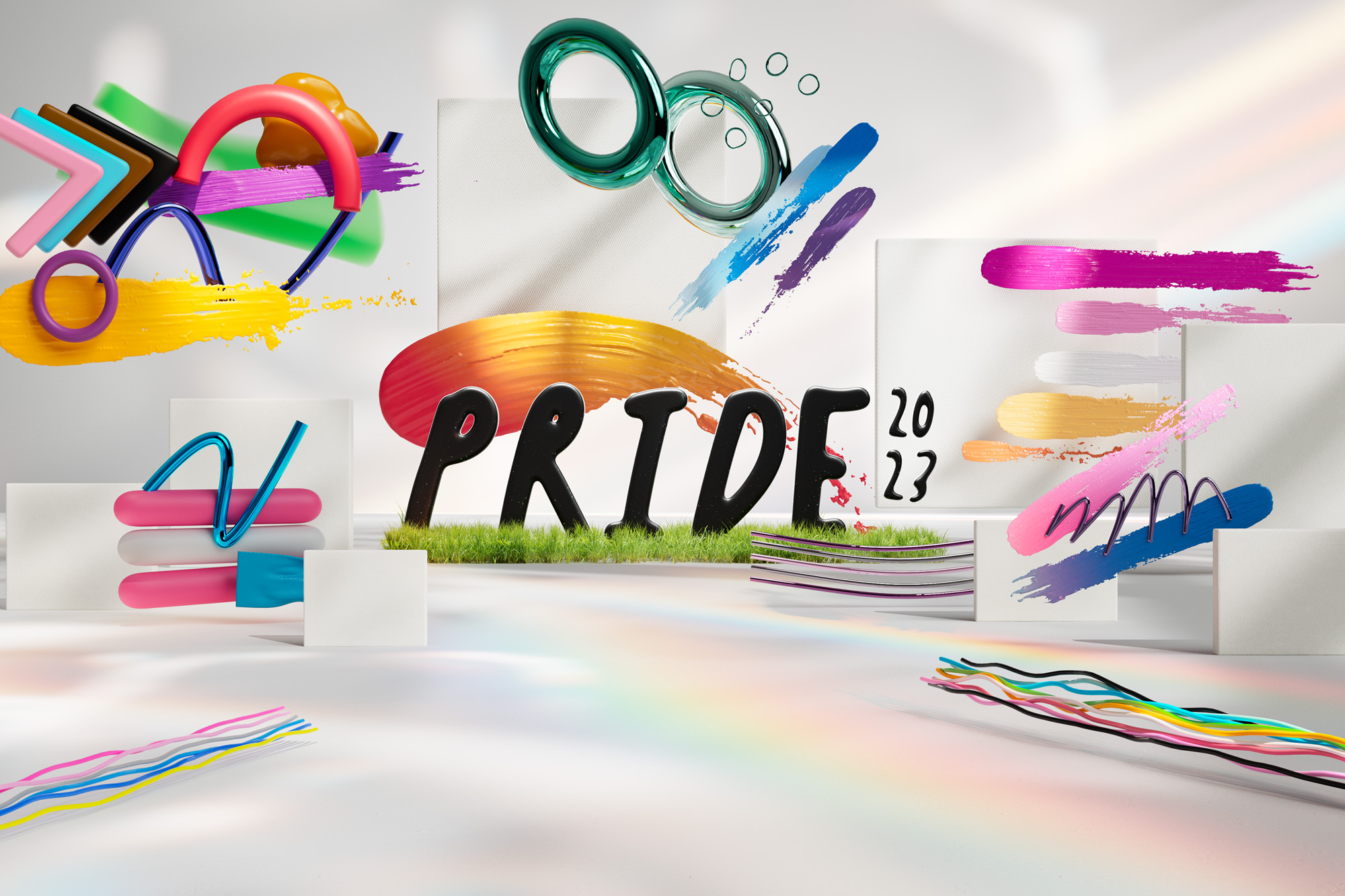 A vibrant image celebrating Pride 2023. The word "PRIDE" is prominently displayed in colorful, bold letters on a grassy platform, surrounded by an array of abstract, multicolored shapes, brushstrokes, and swirls, all on a clean, white background.