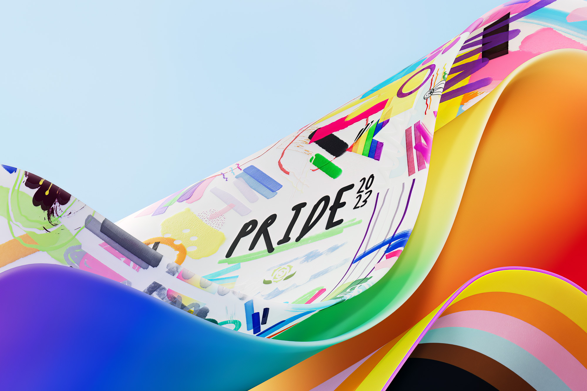 A vibrant, abstract artwork featuring a wave-like form filled with colorful shapes, patterns, and streaks of paint. The word "PRIDE 2023" is prominently displayed in the center of the composition, celebrating LGBTQ+ Pride.