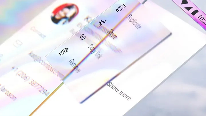 Close-up of a smartphone screen displaying various options including Duplicate, Share, Copy link, and Remove. Part of a contact's detail is visible in the background, along with the time on the phone showing 10:26 in the top right corner.