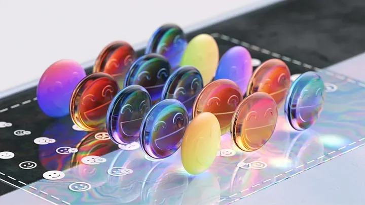 A group of colorful, translucent discs with smiley faces are arranged in rows on a glossy surface. The background features a mix of black, white, and holographic elements, with additional smiley faces visible in the design.