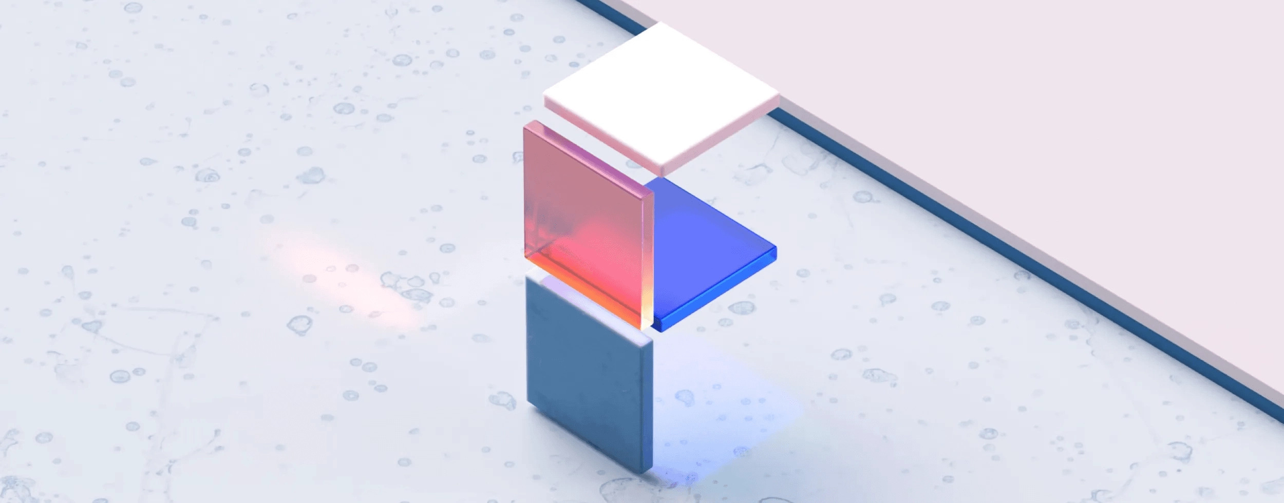 Abstract digital art featuring three floating, semi-transparent geometric shapes: a pinkish-red rectangle, a blue triangle, and a white square. They are stacked vertically against a light, speckled background with a flat corner on the top right.