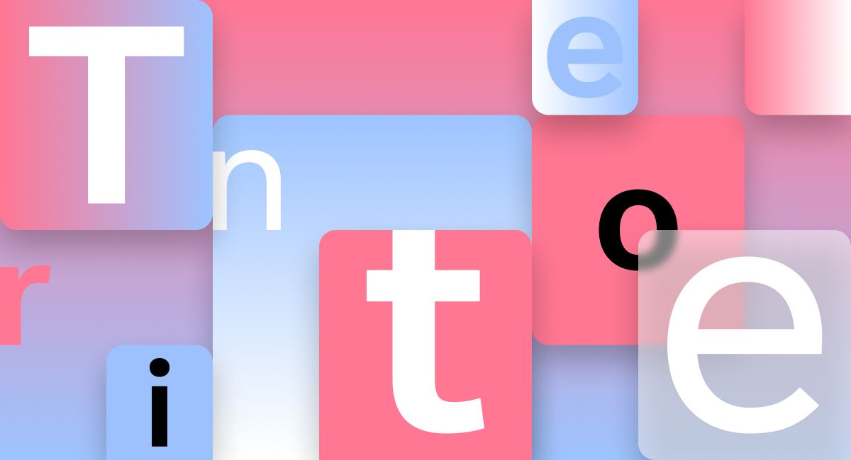 An abstract image with a pastel gradient background in shades of pink and blue. Various overlapping squares and rectangles contain large white and black letters, including "T", "n", "e", "r", "i", and "o". The overall design is modern and geometric.