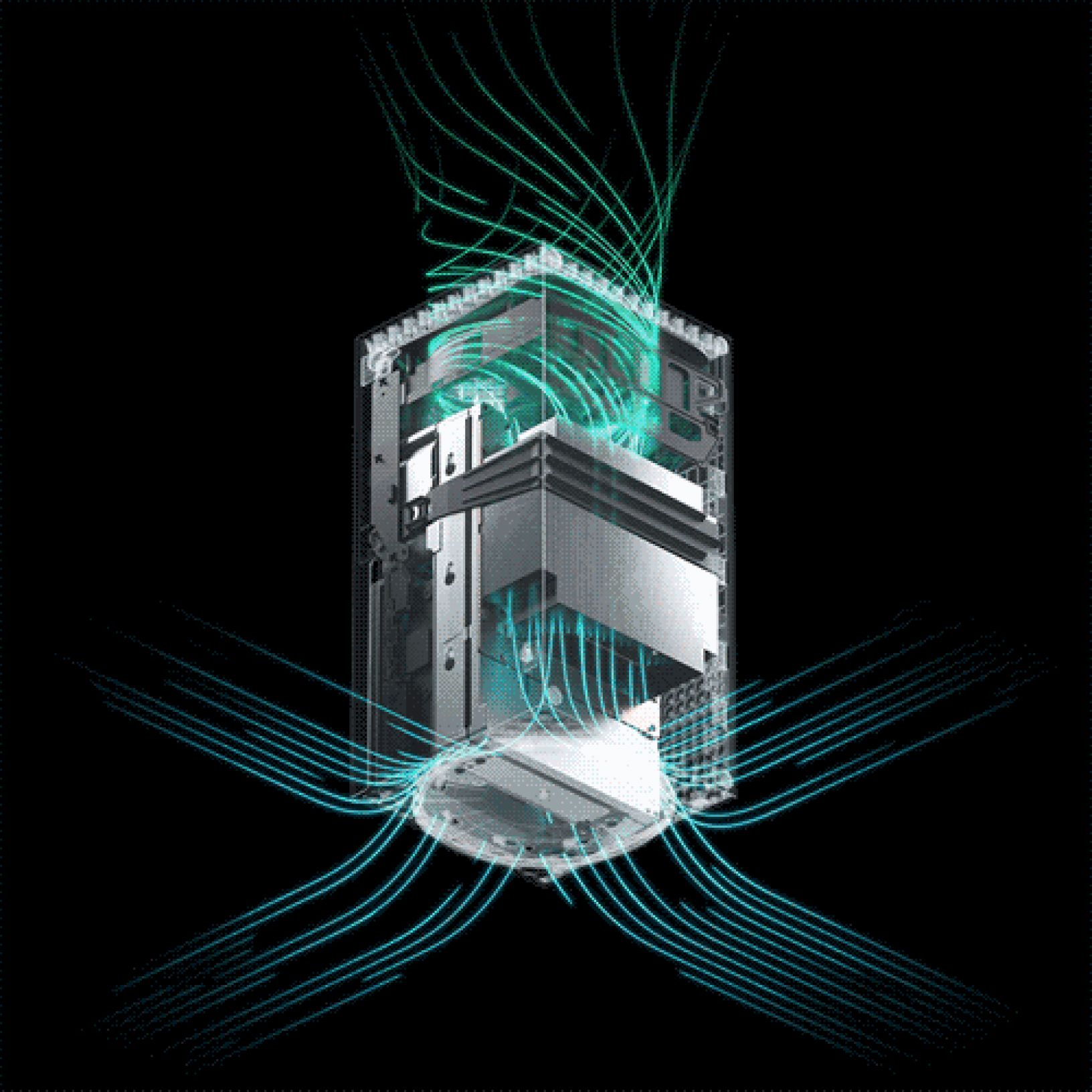 An animated image of a computer tower with blue airflow lines illustrating cooling air entering and circulating through the device. The lines flow smoothly, highlighting the cooling efficiency and ventilation design within the tower.