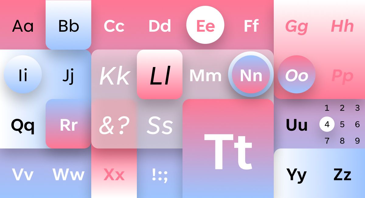 A colorful alphabet chart features upper and lower case letters in individual boxes. The background is a gradient of pink, blue, and purple hues. Each box contains a letter or symbol, with "Ee," "Ll," "Nn," and "Tt" highlighted more prominently. Numbers 1-9 are also displayed.