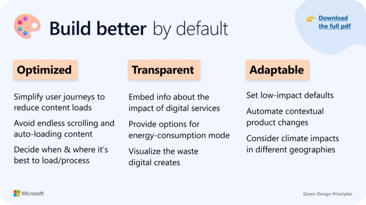 An infographic titled "Build better by default" with three sections: Optimized, Transparent, and Adaptable, with respective tips for each. The Microsoft logo is in the bottom left, and there's a "Download the full PDF" button in the top right.