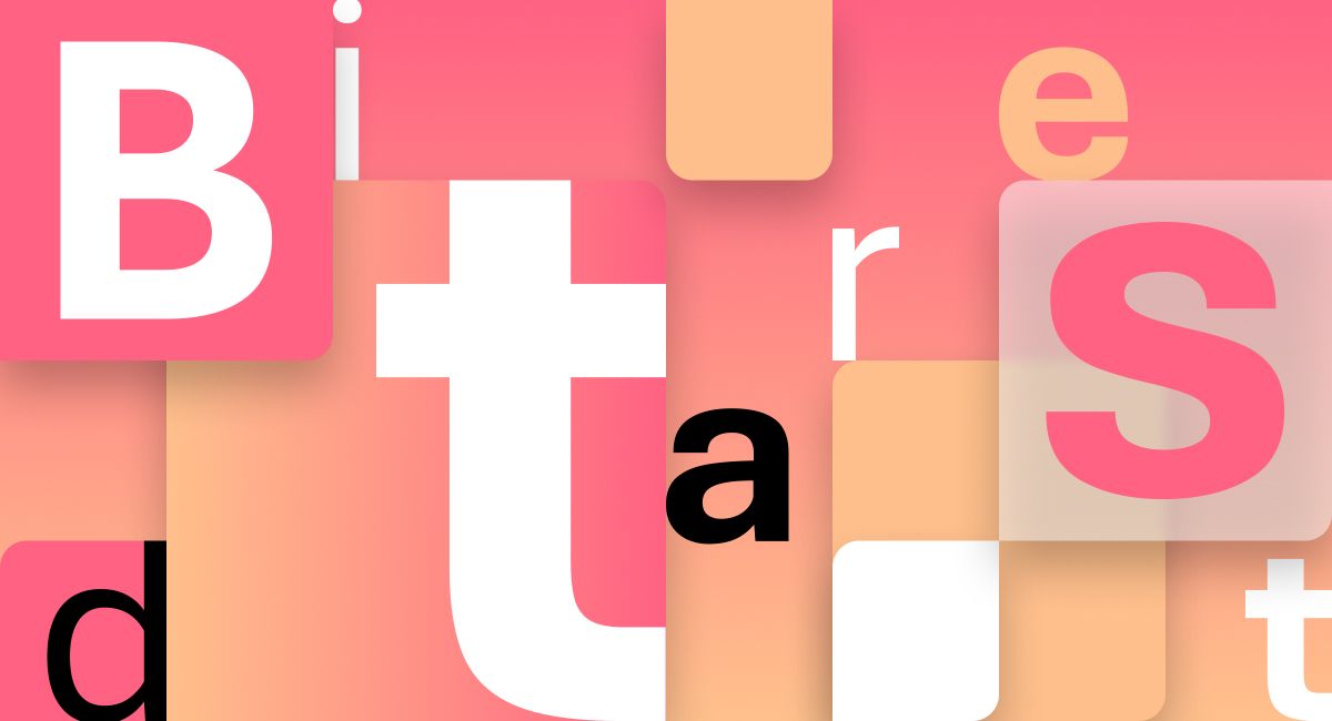 A digital illustration featuring various letters and bold typography on a gradient background that transitions from pink to orange. The letters "B," "t," "S," and "a" are prominently displayed in large, overlapping blocks with a mix of serif and sans-serif fonts.