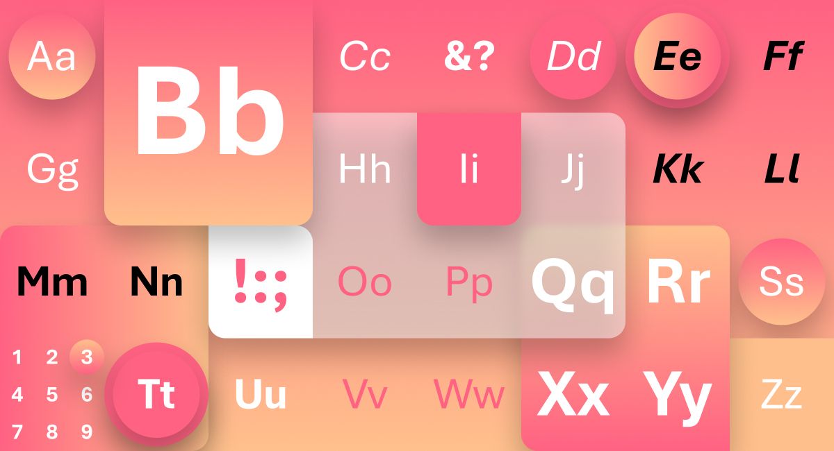 An abstract image displaying various letters of the alphabet, upper and lower case, on colorful gradient backgrounds. The letters are positioned randomly in individual boxes with different colors like pink, orange, and yellow. Numbers 1 to 9 appear in white at the bottom left.