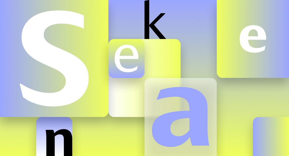 A colorful abstract graphic featuring overlapping letters "S", "e", "k", "a", and "n" in various sizes and fonts. The background has gradients of light green, yellow, and blue, creating a smooth, blended effect.