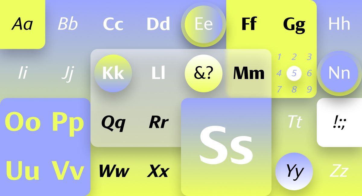 An array of alphabet letters in various fonts and colors, displayed on a gradient background transitioning from light blue to pale yellow. Some letters are highlighted in circles or squares, featuring a range of font styles and weights.