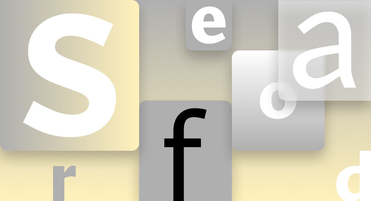 A collage of variously sized and colored letters, including a large "S" in white on a yellow square, a smaller "f" in black on a gray square, and an "a" in white on a semi-transparent gray square. The background is a gradient of beige and gray tones.