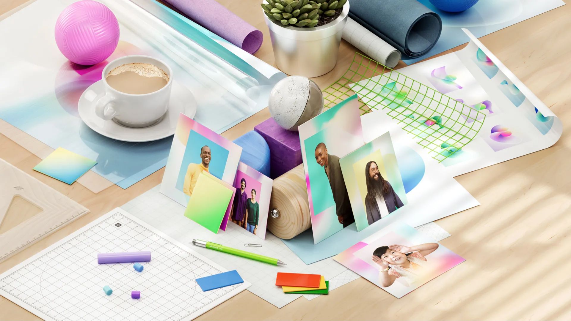 A cluttered desk with photos of various people, a cup of coffee, a green plant in a silvery pot, differently colored stationery, grid paper, and a sphere on a purple stand. The scene is brightly lit with colorful, vibrant elements scattered around.