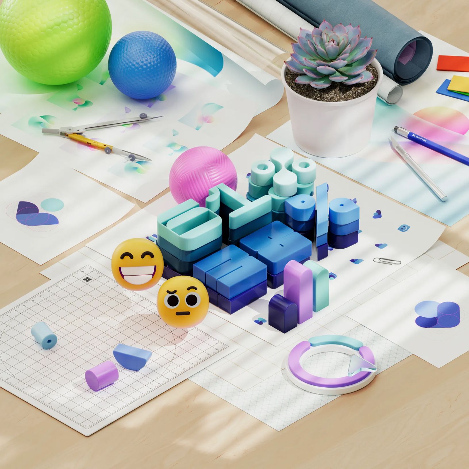 A creative workspace featuring colorful 3D letters forming the word "Meta," surrounded by various art supplies, including markers, rulers, paper, and rubber balls. A succulent plant in a white pot and two emoji spheres – one laughing, one surprised – also decorate the desk.