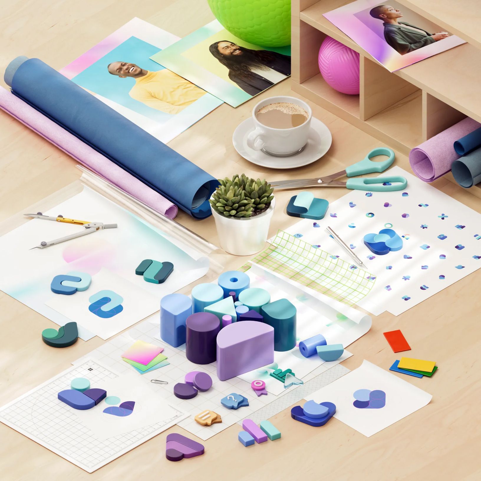 A desk filled with various craft supplies, including colorful clay shapes, graph paper, and tools. There is a small potted plant, a cup of coffee, and a pair of scissors. Photos of people and rolled-up papers are also visible alongside a shelf with objects on top.